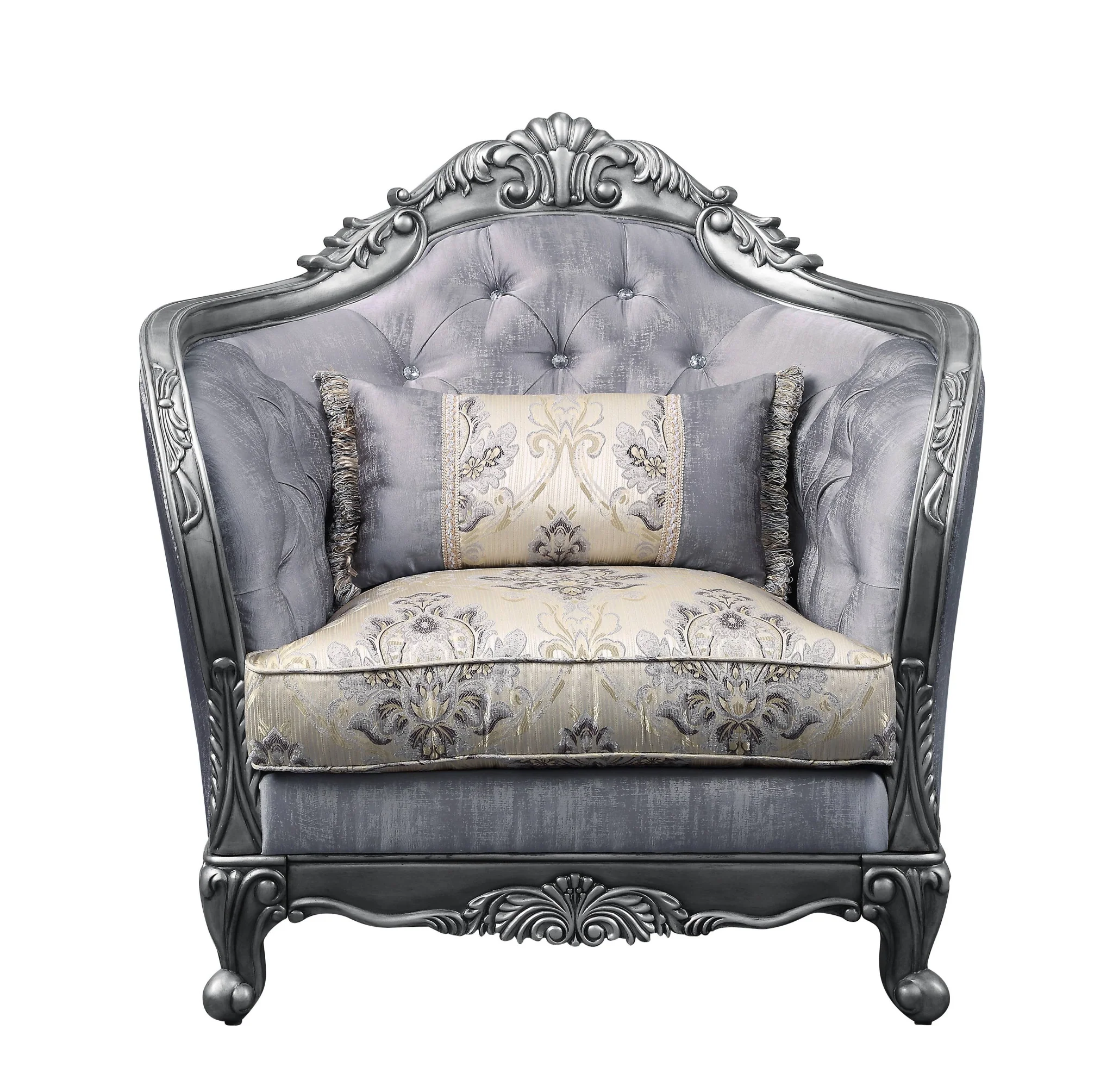 43" Light Gray Fabric And Platinum Floral Tufted Arm Chair By Homeroots