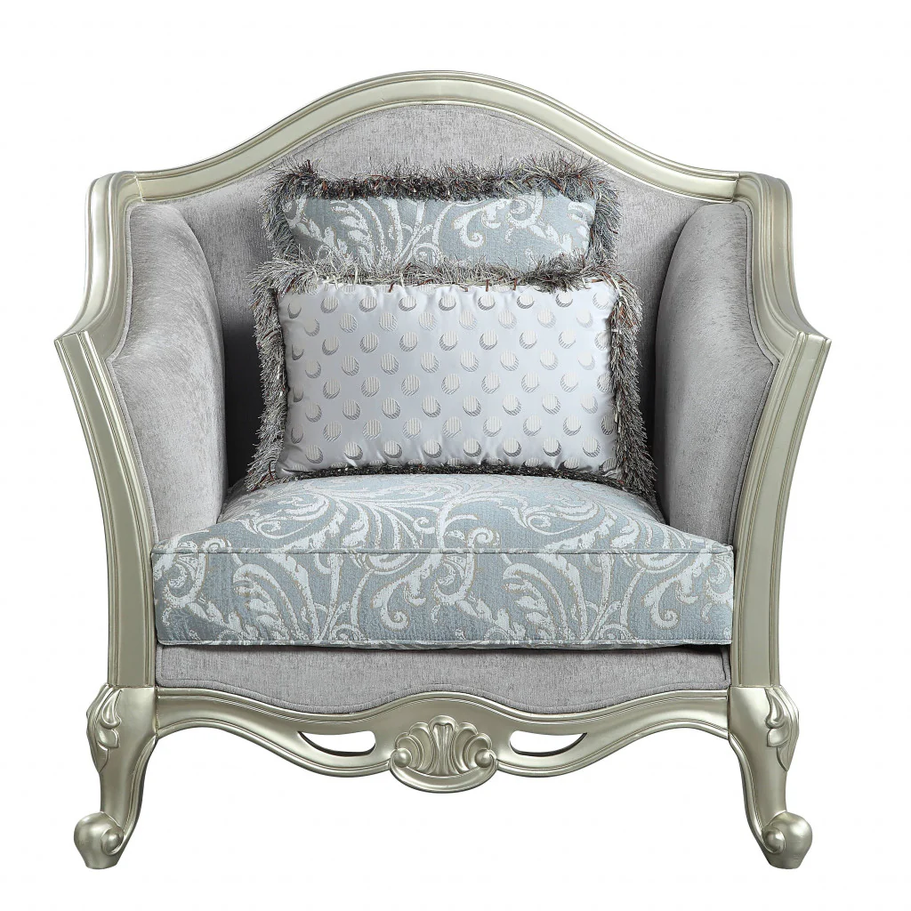 44" Light Gray Linen And Champagne Floral Arm Chair By Homeroots