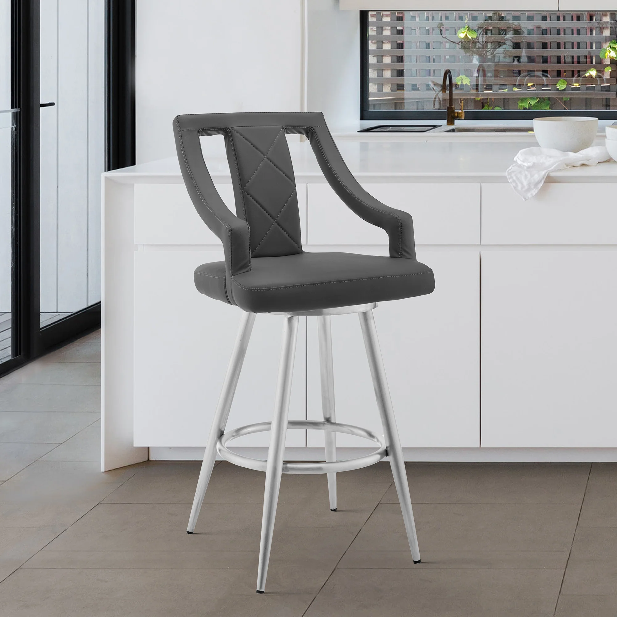 45" Gray Faux Leather And Iron Swivel Bar Height Chair By Homeroots - Image 8