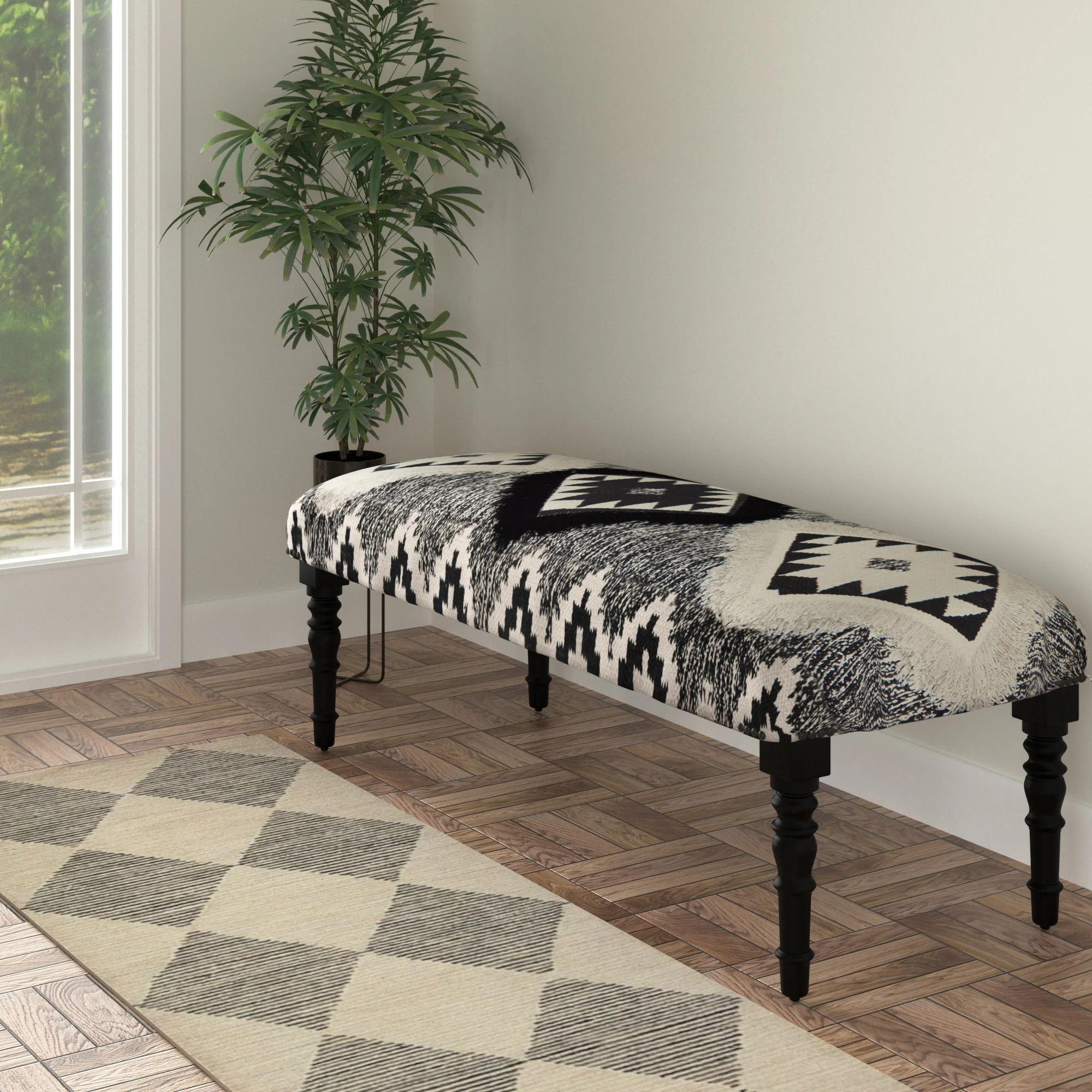 47" Black And White Black Leg Southwest Upholstered Bench By Homeroots