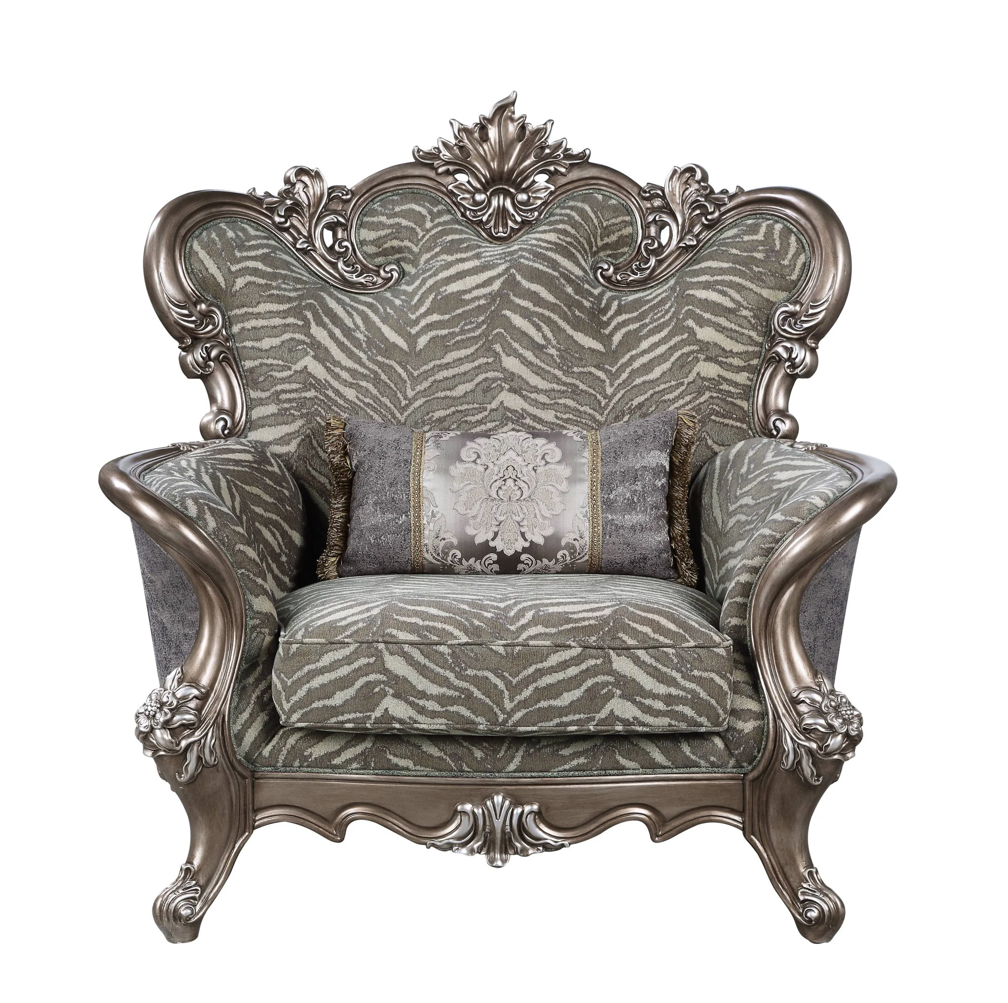 47" Gray Fabric And Antique Bronze Floral Tufted Wingback Chair By Homeroots