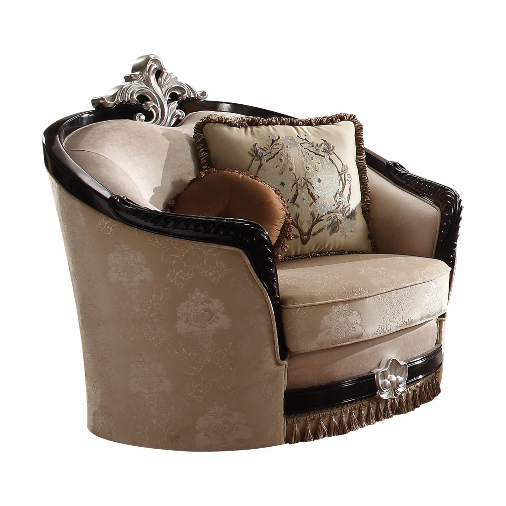 47" Tan Fabric And Black Ornate Frame Damask Arm Chair with Accent Pillows By Homeroots
