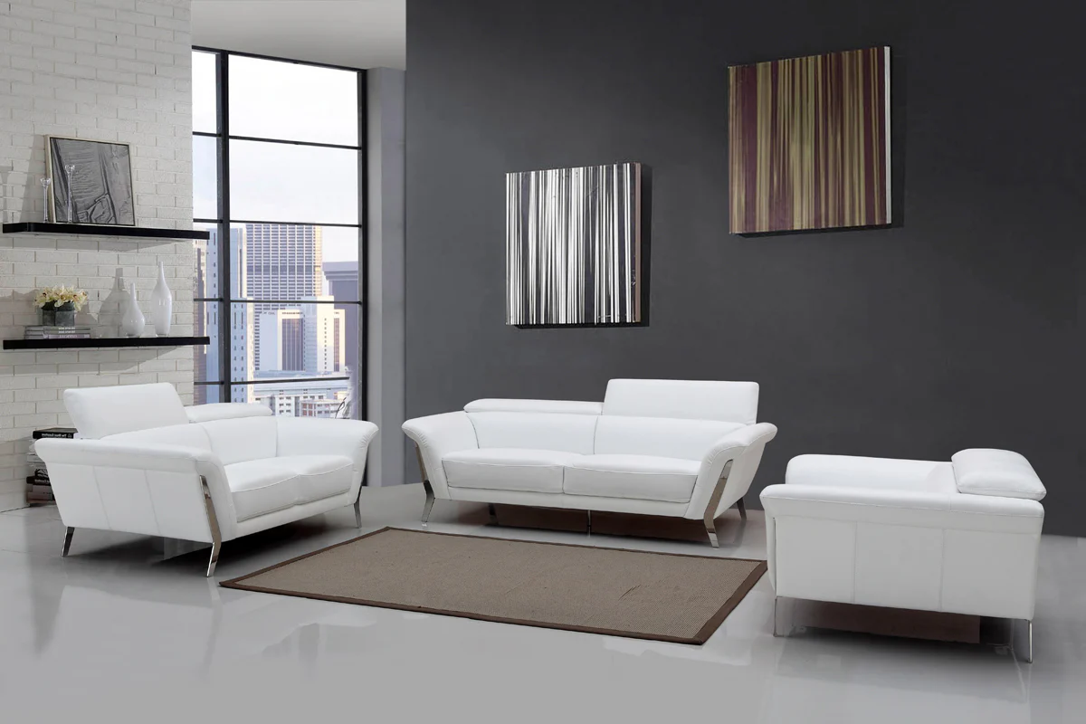 48' White Leather and Steel Sofa Set By Homeroots