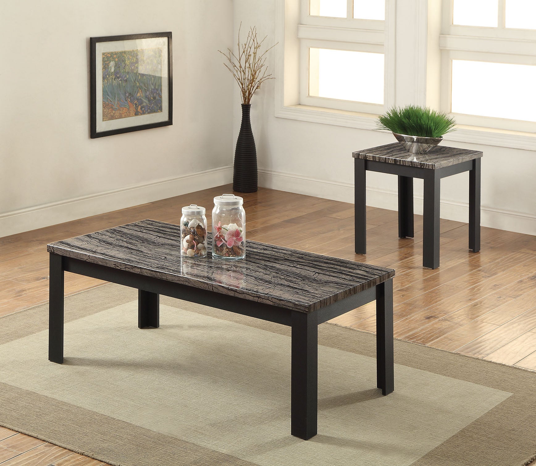 48' X 24' X 18' 2Pc Faux Marble And Black Pack Coffee And End Table Set By Homeroots