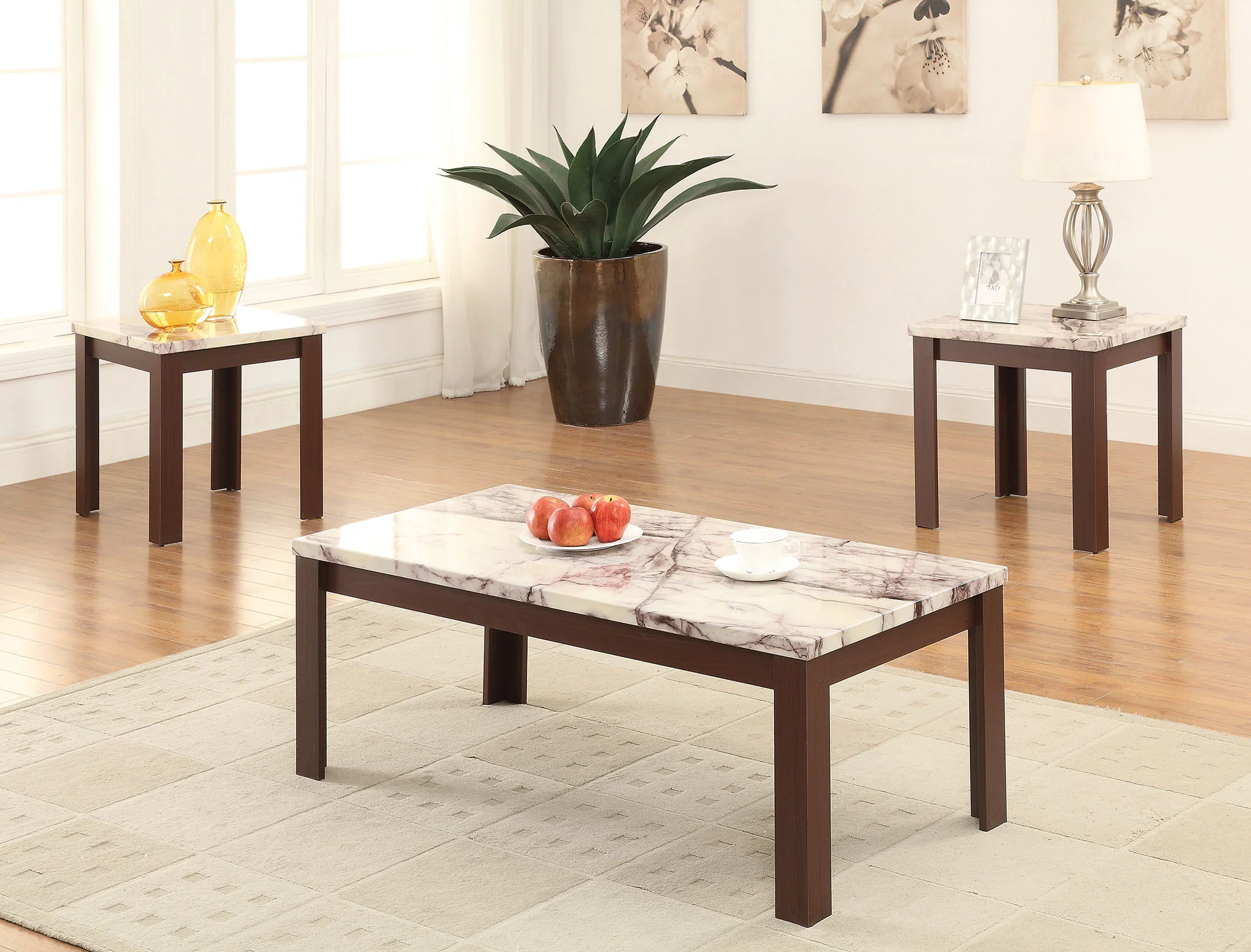 48' X 24' X 18' 3Pc Faux Marble And Cherry Coffee And End Table Set By Homeroots