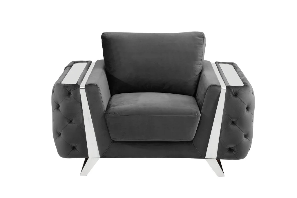 50" Dark Gray and Silver Velvet Tufted Arm Chair By Homeroots - Image 2