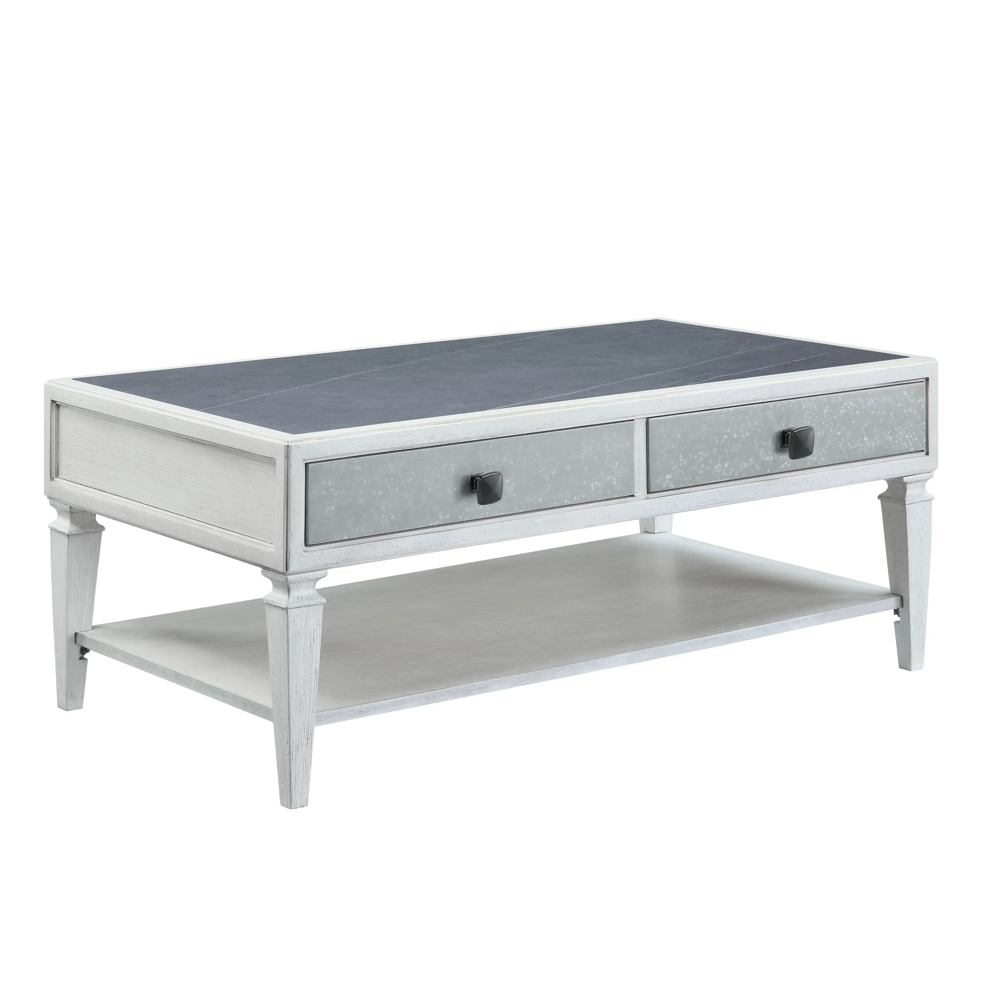 50" Weathered White And Rustic Gray Sintered Stone And Manufactured Wood Rectangular Coffee Table With Two Drawers And Shelf By Homeroots