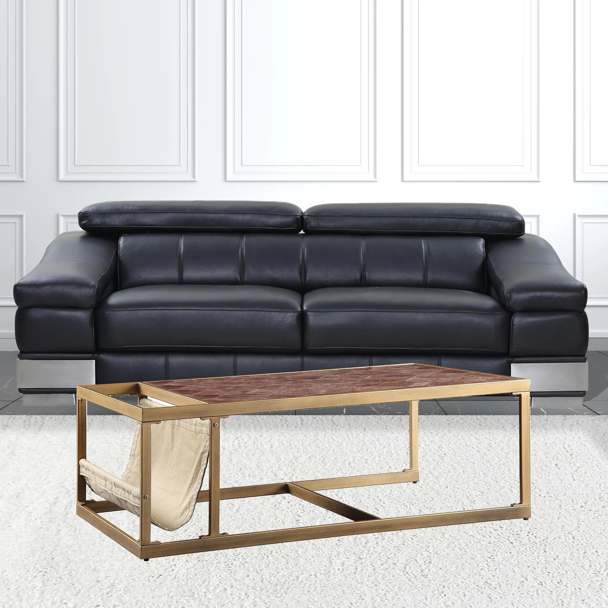 51" Brass And Retro Brown Leather Rectangular Coffee Table By Homeroots