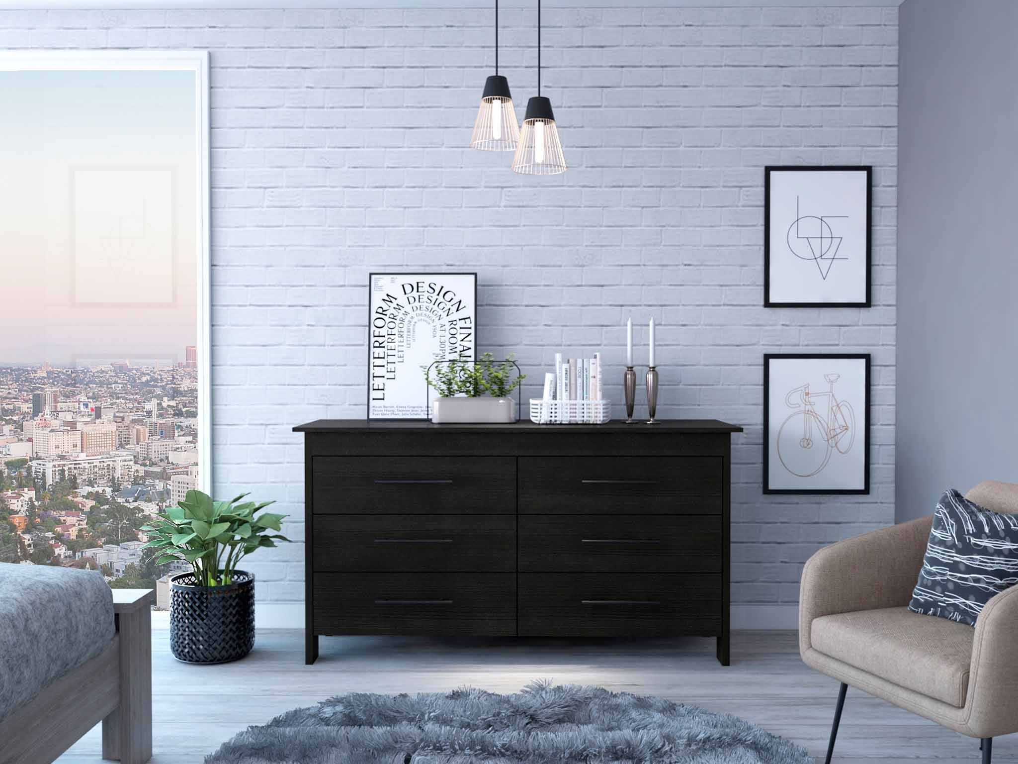 58" Black Six Drawer Double Dresser By Homeroots