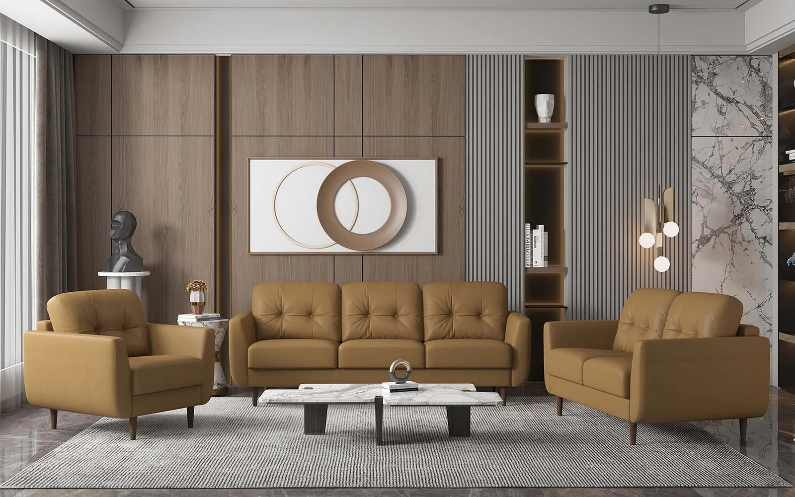 59" Camel Leather And Black Love Seat By Homeroots - Image 4