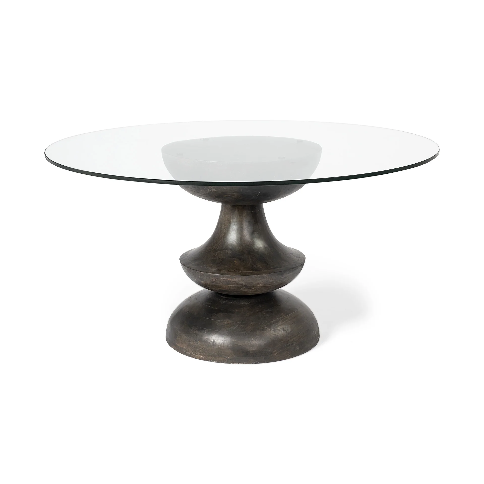 60' Round Glass Top Brown Wood With Pedestal Base Dining Table By Homeroots