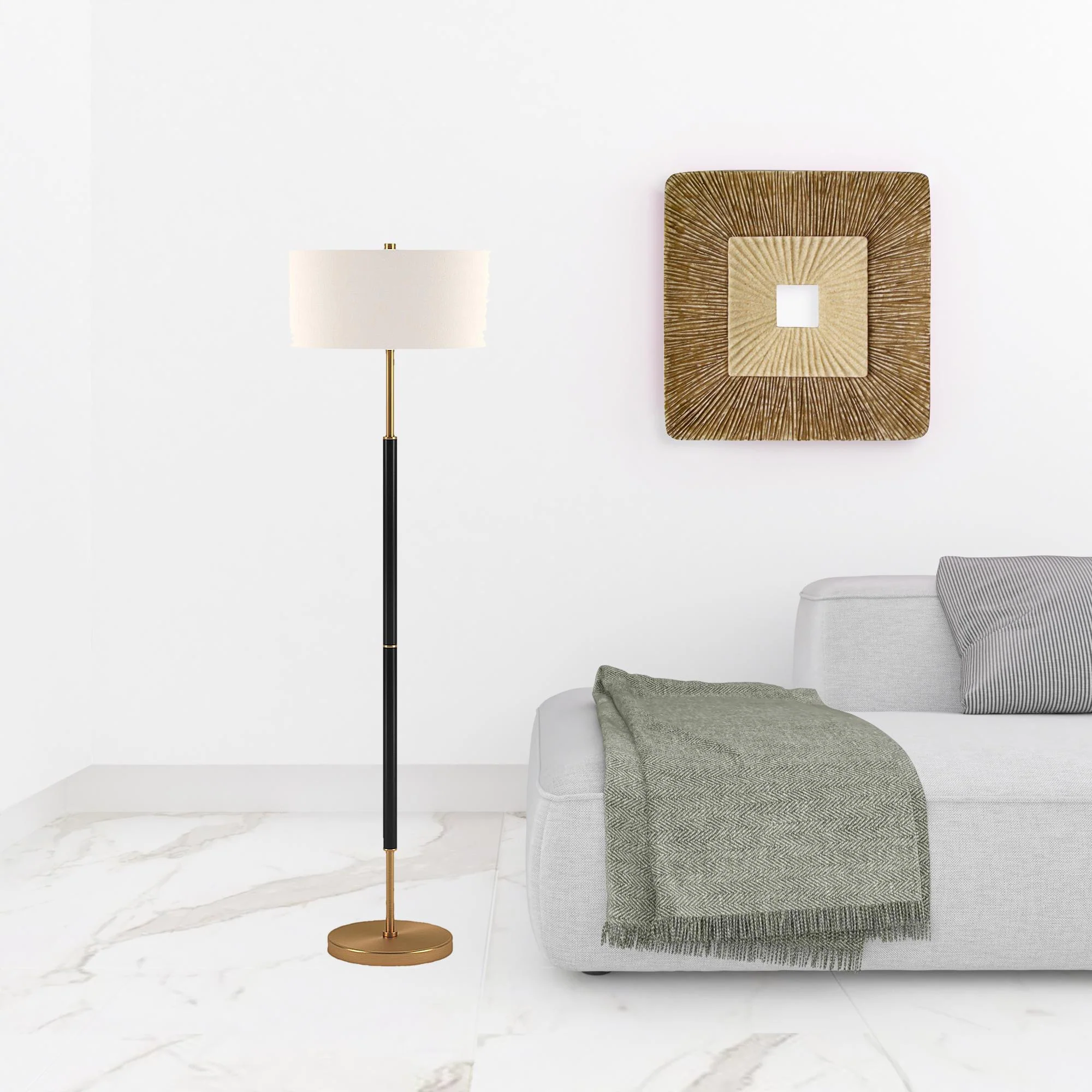 61" Black and Brass Two Light Floor Lamp With White Drum Shade By Homeroots