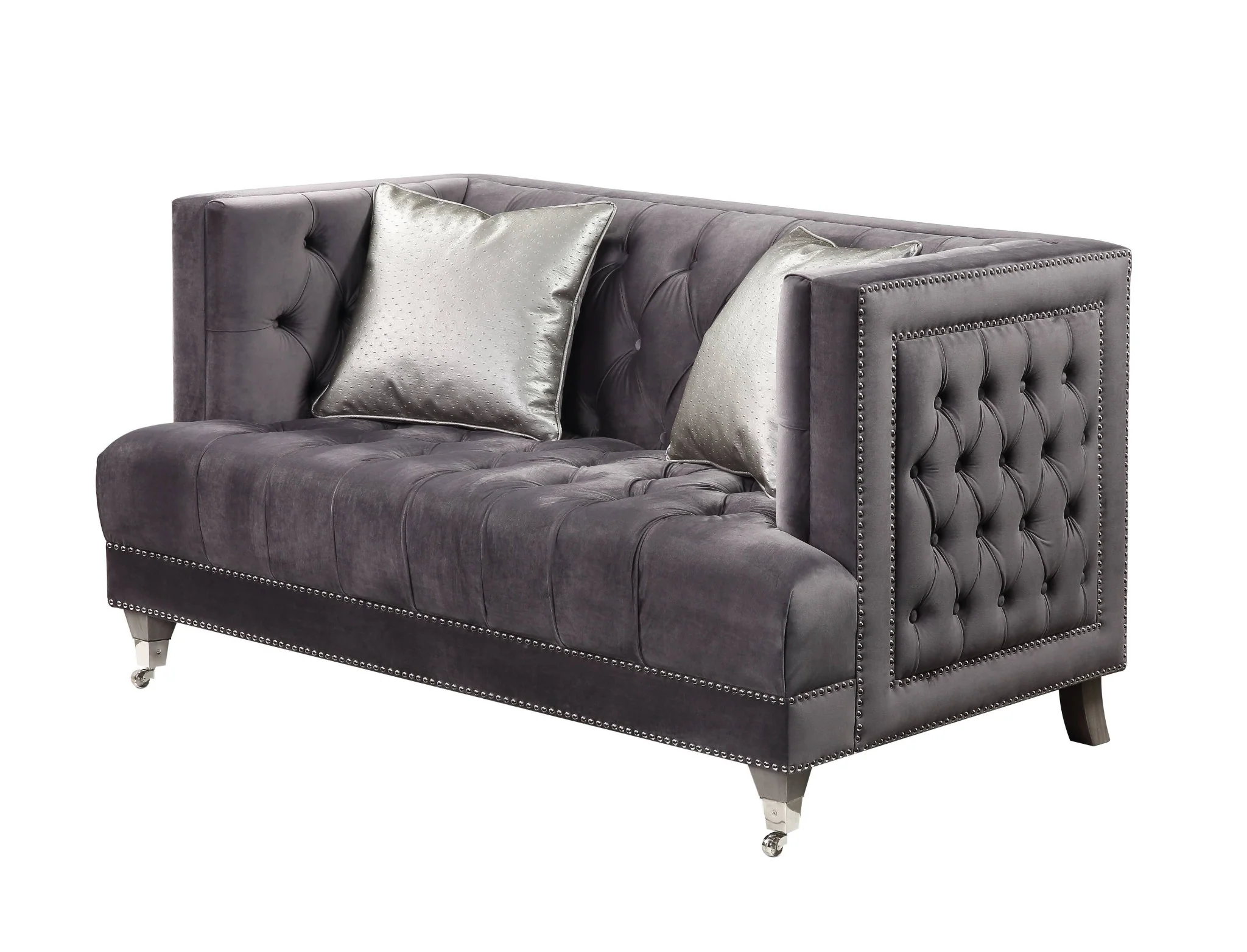 61" Gray And Silver Velvet Love Seat And Toss Pillows By Homeroots