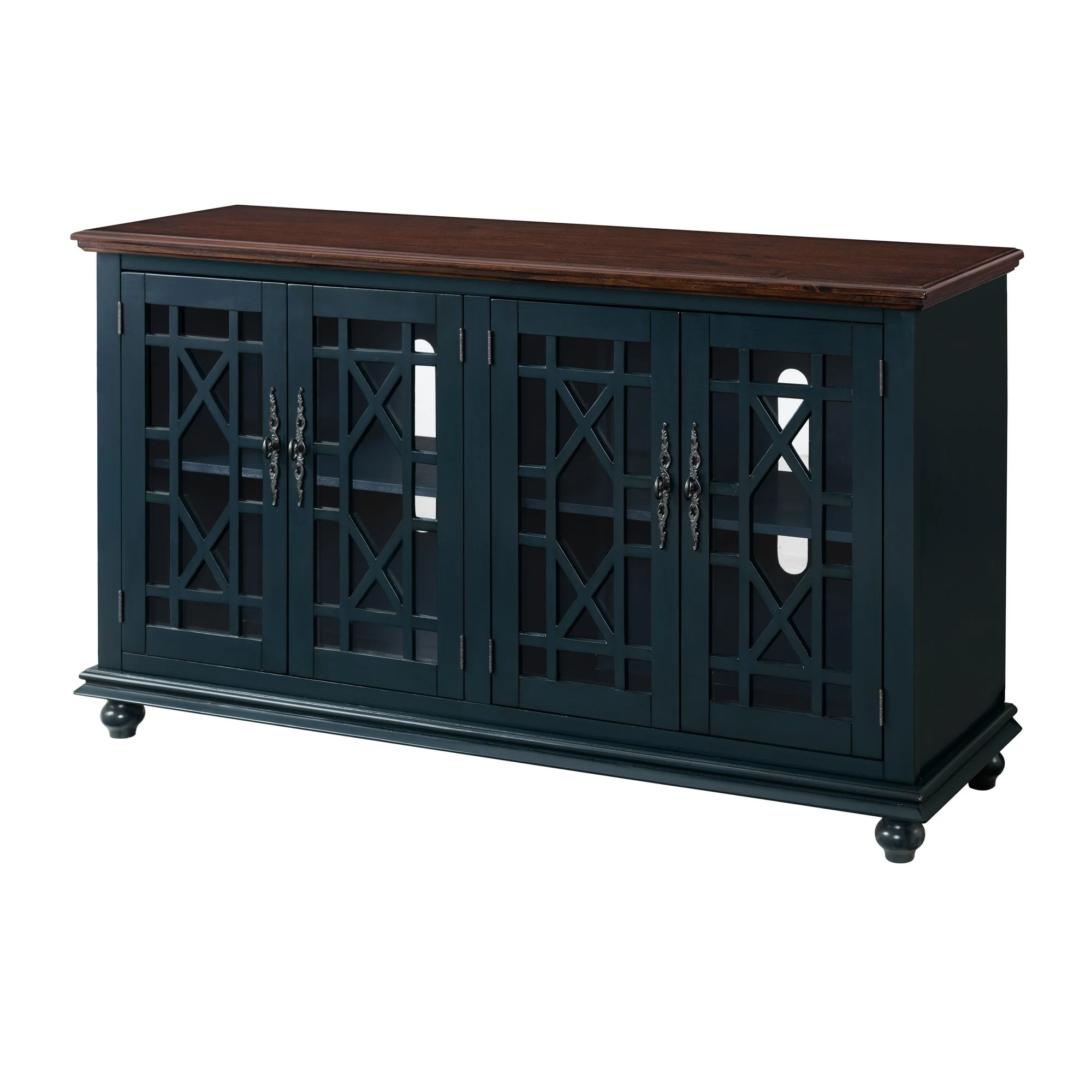 63 Inch Traditional Wooden Tv Stand With Turned Leg Brown And Blue By Benzara - Image 3