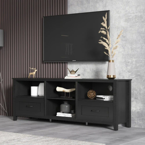 70" Black Open Shelving TV Stand With Bookcase and Two Drawers By Homeroots