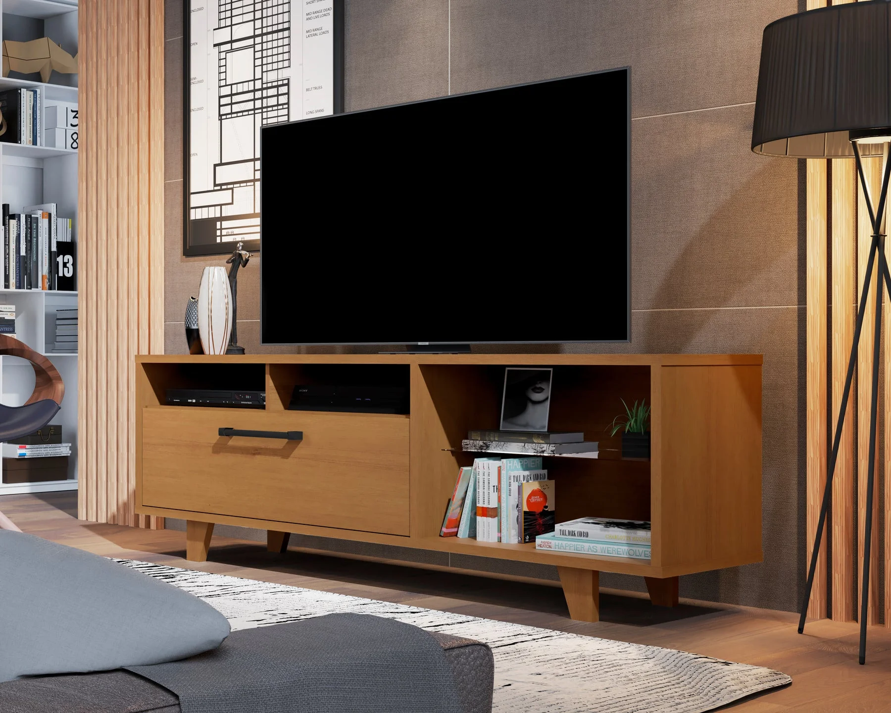 71" Brown Manufactured Wood Open Shelving TV Stand By Homeroots