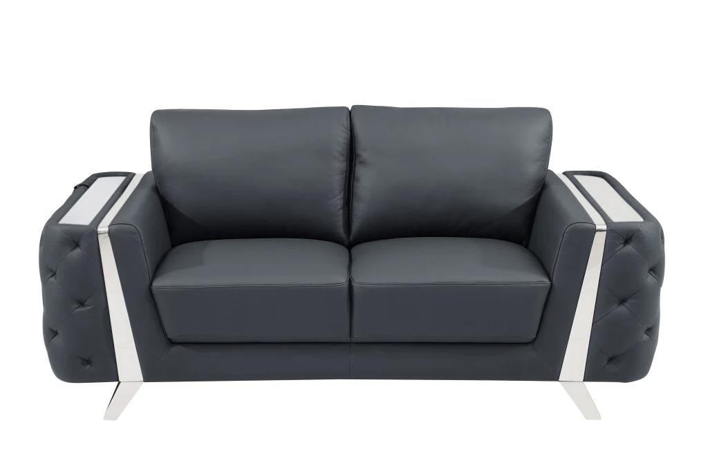 72" Dark Gray And Silver Genuine Leather Love Seat By Homeroots