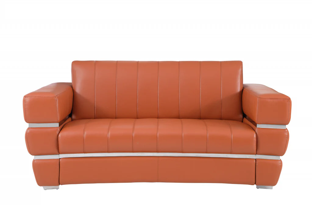 75" Camel And Silver Italian Leather Love Seat By Homeroots