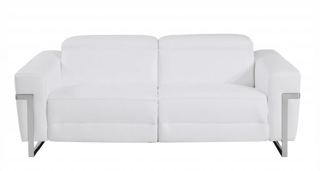 83" White Italian Leather with Chrome Accents Reclining Sofa By Homeroots