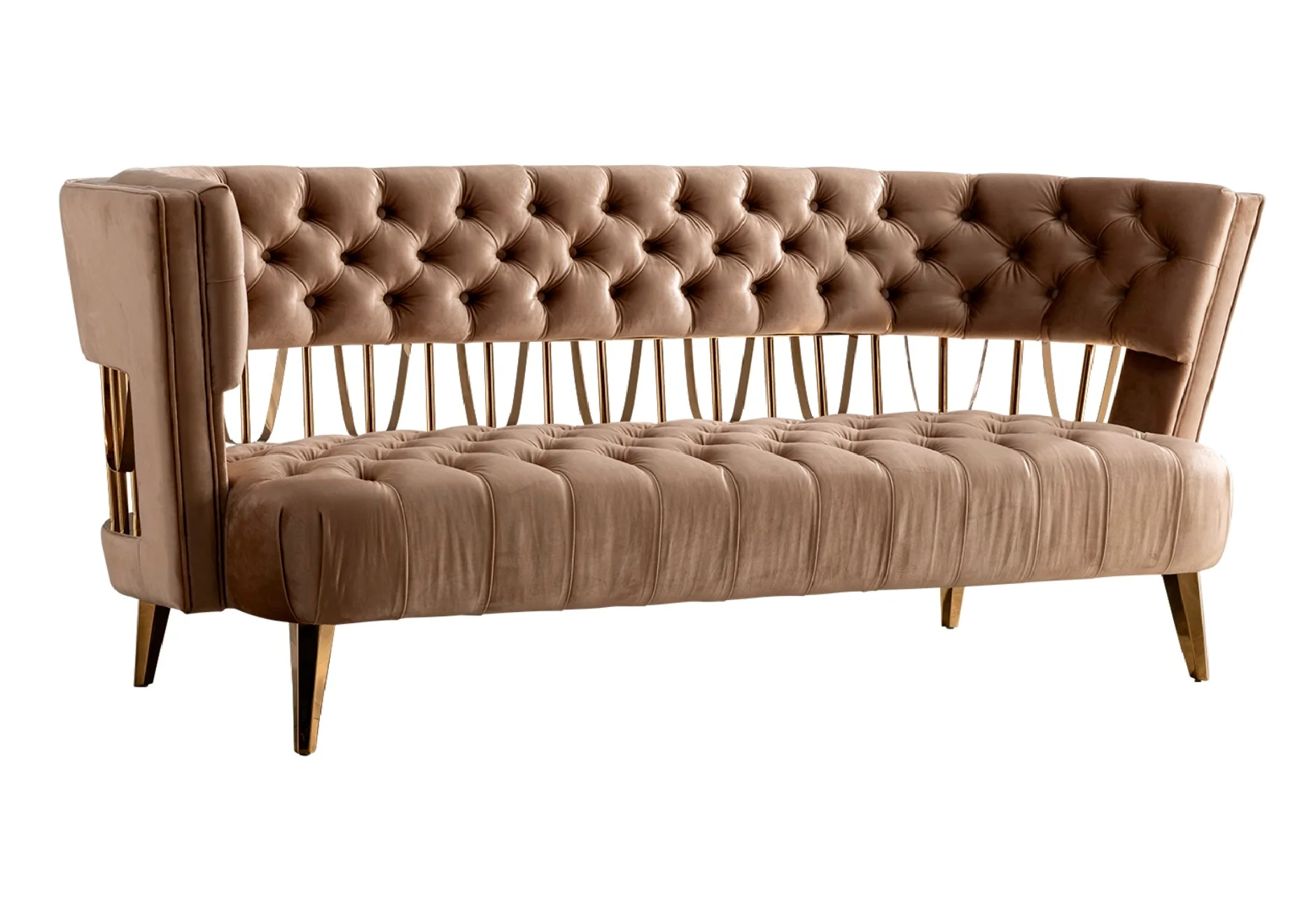 84" Beige Tufted Velvet and Gold Open Back Sofa By Homeroots