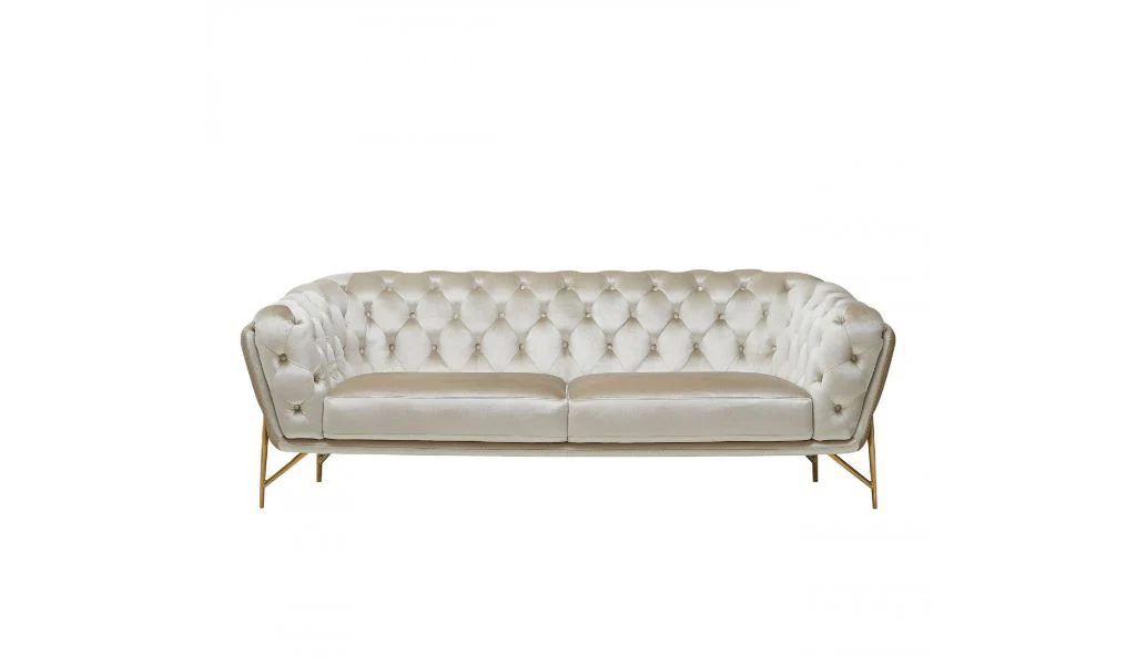 88" Beige Tufted Velvet and Gold Chesterfield Sofa By Homeroots