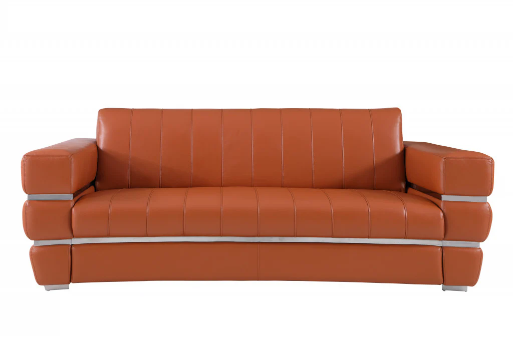 89" Camel Brown Chrome Accents Genuine Leather Standard Sofa By Homeroots