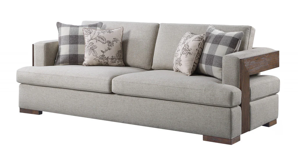 92" Fabric Linen And Brown Sofa With Four Toss Pillows By Homeroots