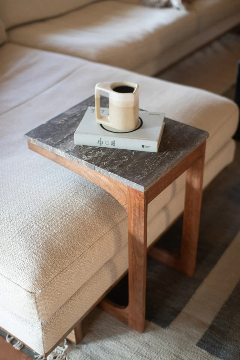 Acacia Wood & Wicker Sofa Table W Titanium Traventine Top By Kalalou - Image 3