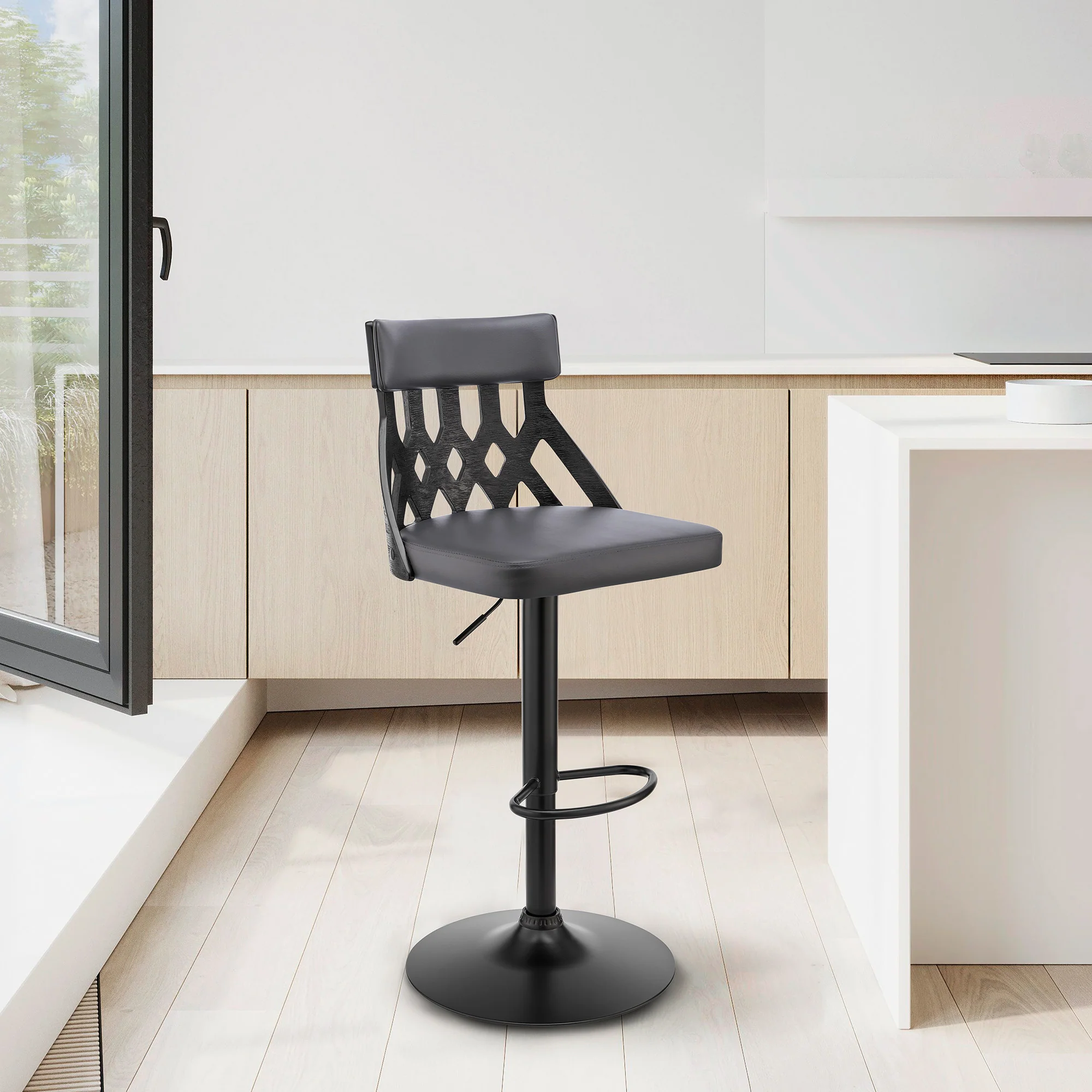 Adjustable Gray Faux Leather and Black Lattice Bar Stool By Homeroots