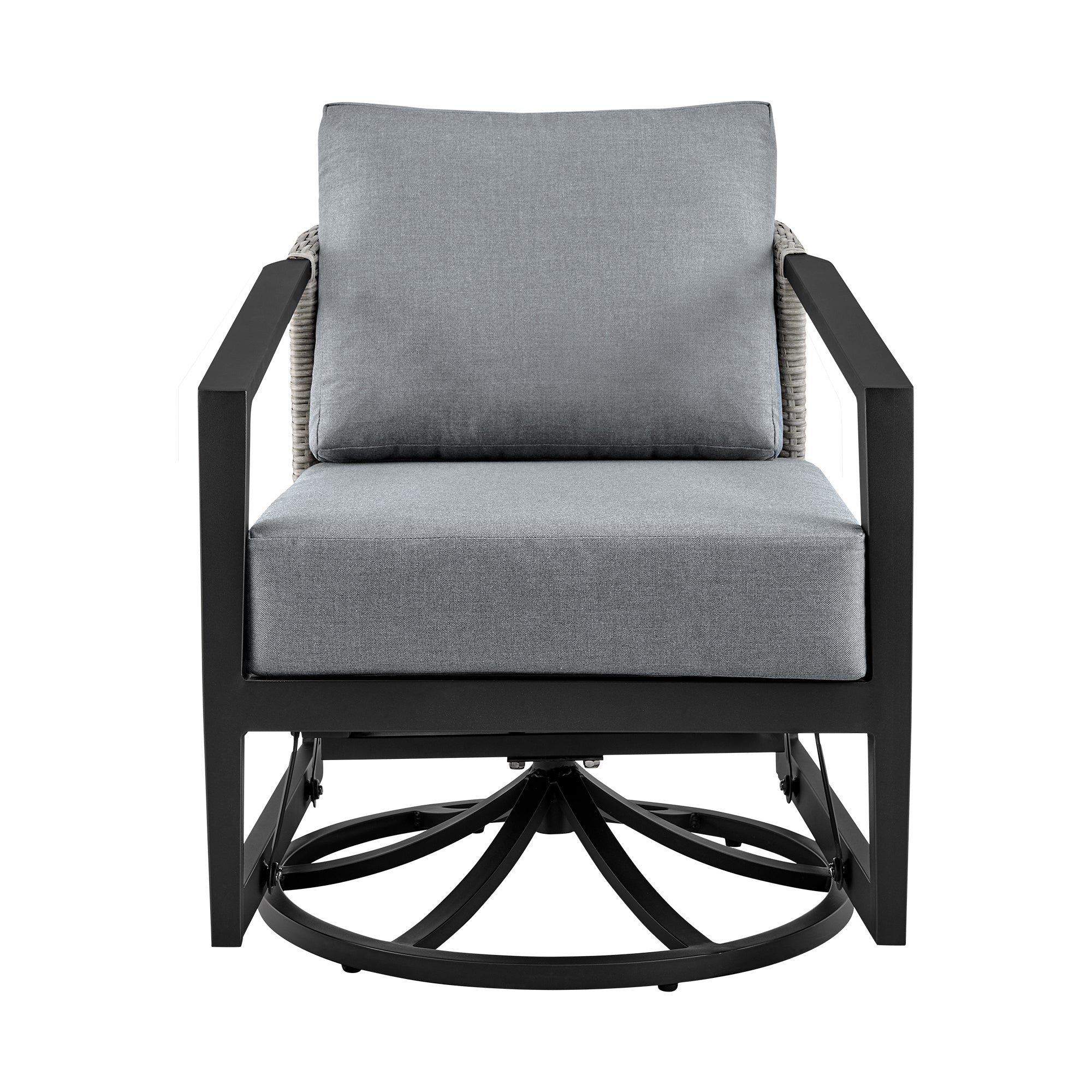 Aileen 3 Piece Patio Outdoor Swivel Seating Set in Black Aluminum with Grey Wicker and Cushions By Armen Living - Image 4