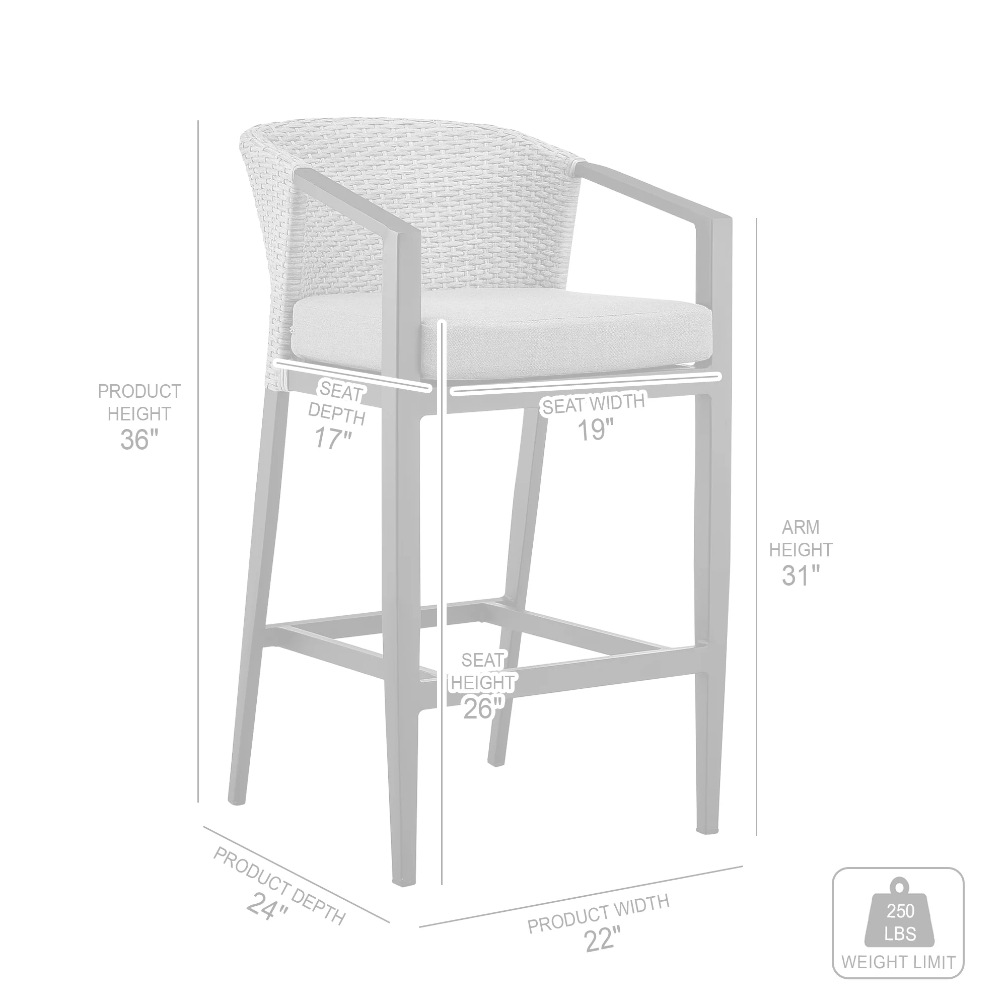 Aileen Outdoor Patio Counter Height Bar Stool in Aluminum and Wicker with Grey Cushions By Armen Living - Image 10