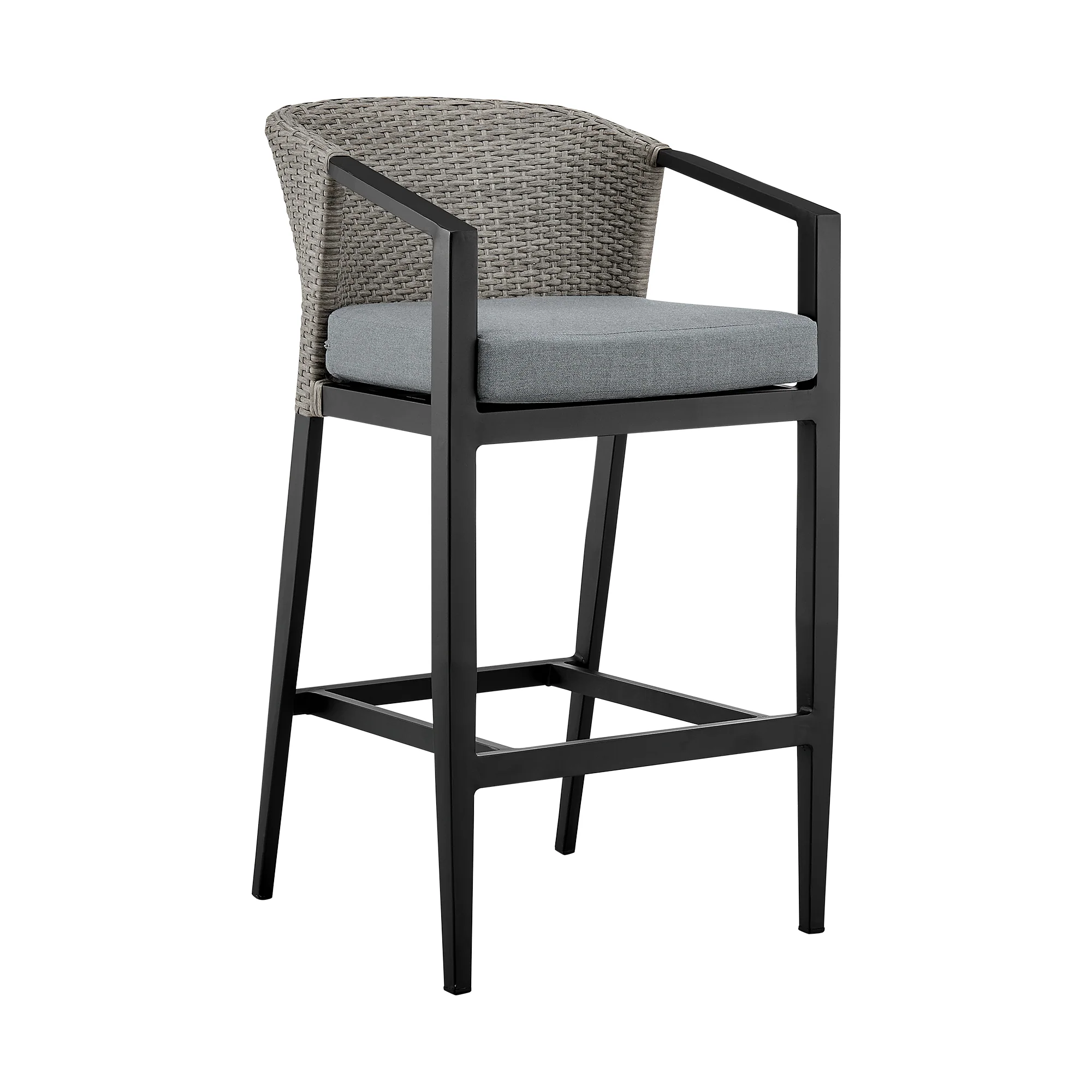 Aileen Outdoor Patio Counter Height Bar Stool in Aluminum and Wicker with Grey Cushions By Armen Living - Image 2