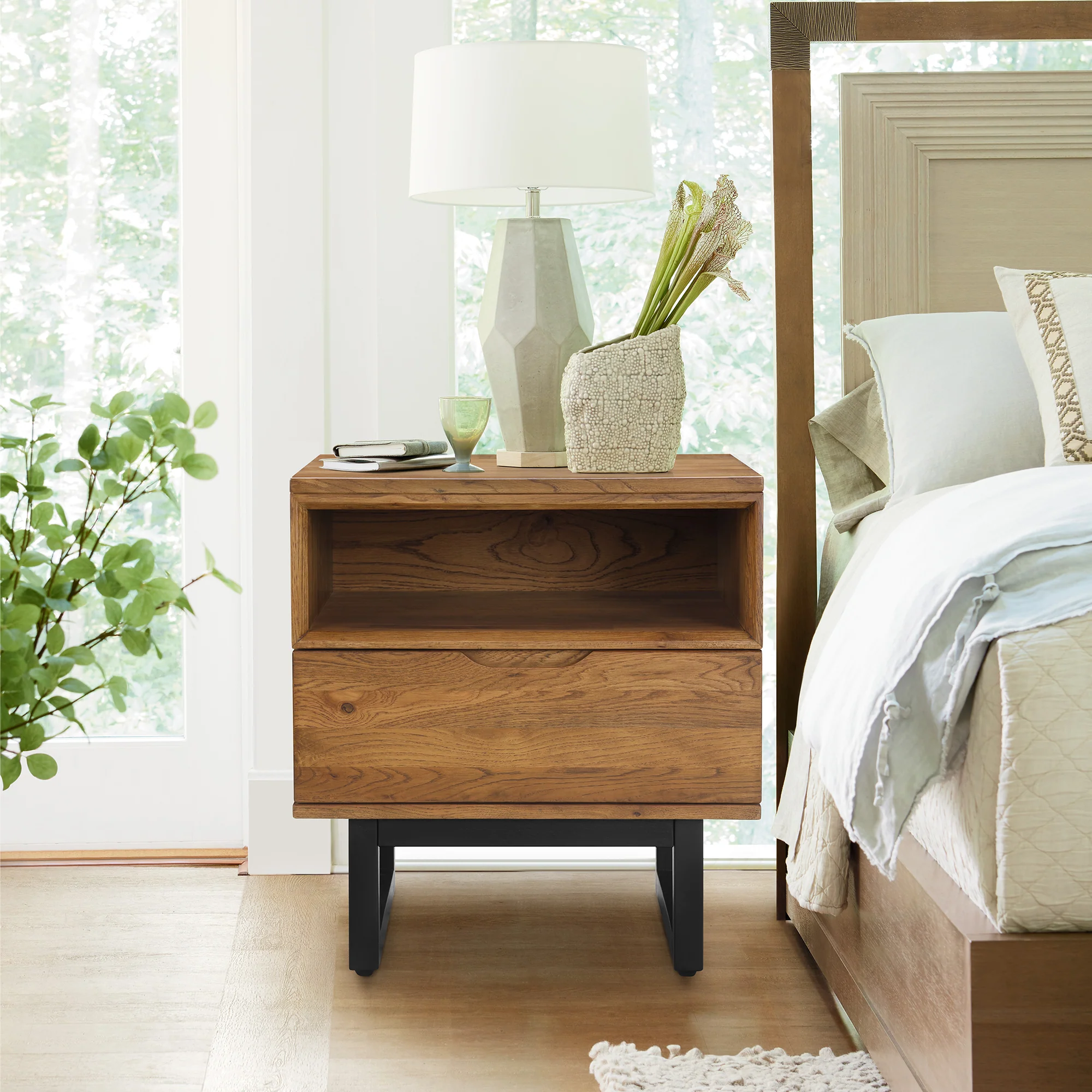 Aldo 1 Drawer Nightstand in Brown Oak Wood with Black Metal Legs By Armen Living