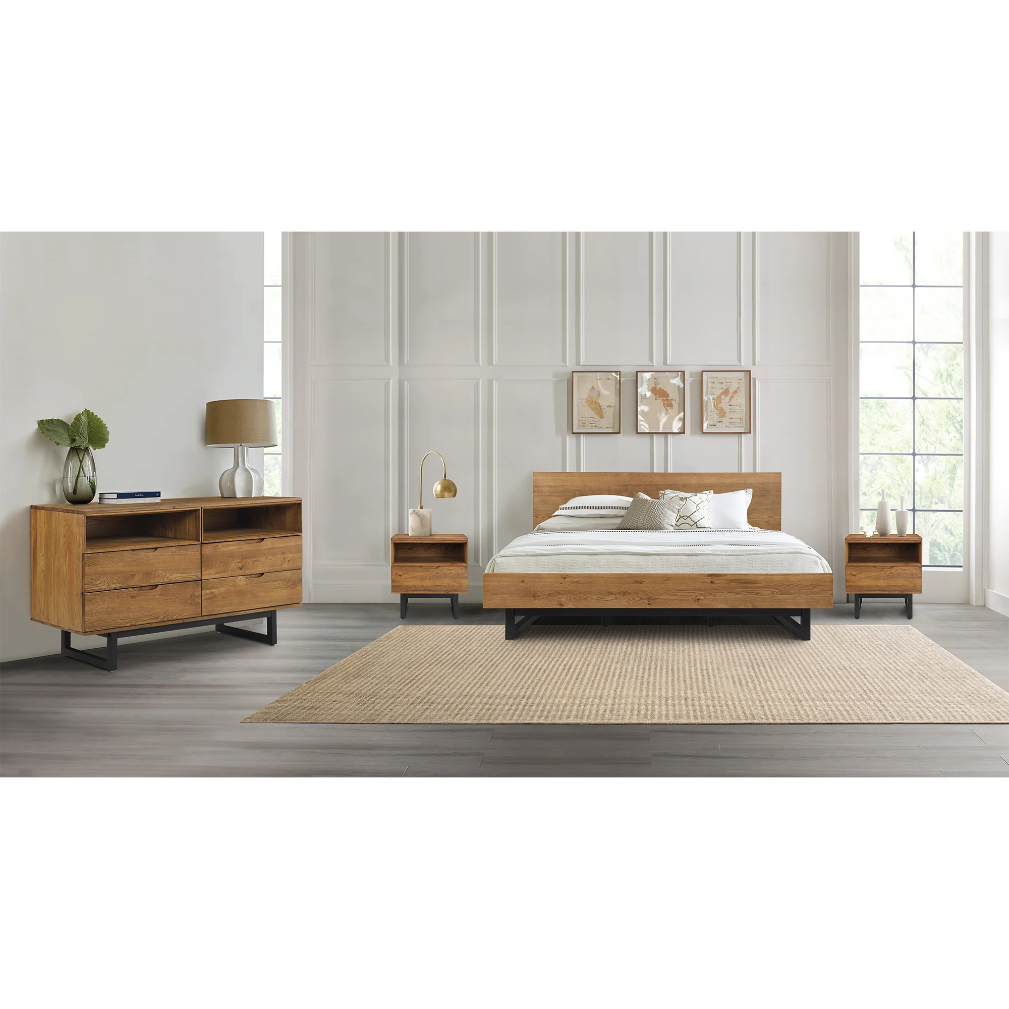 Aldo 1 Drawer Nightstand in Brown Oak Wood with Black Metal Legs By Armen Living - Image 3