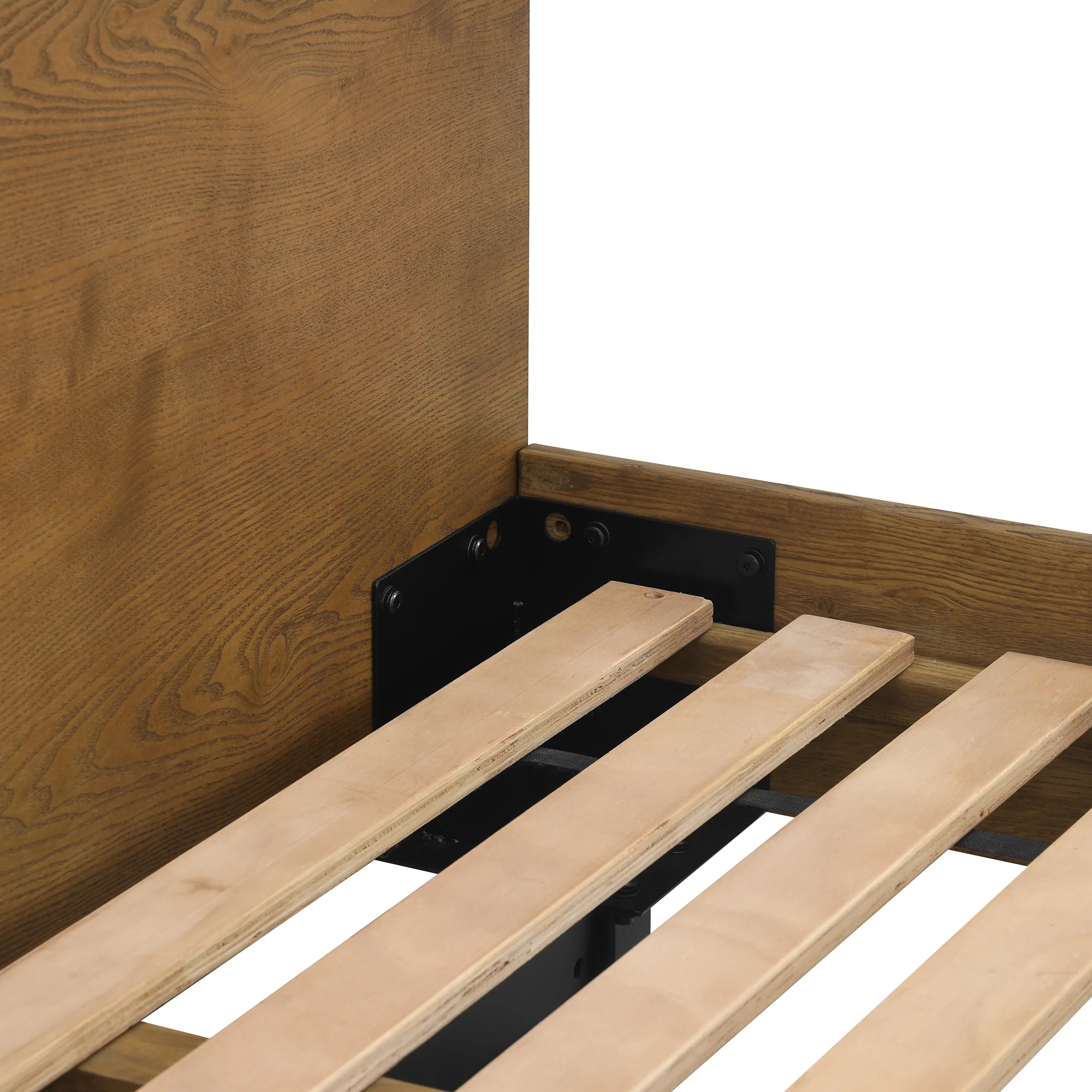 Aldo King Size Brown Oak Wood Platform Bed Frame with Black Metal Legs By Armen Living - Image 7