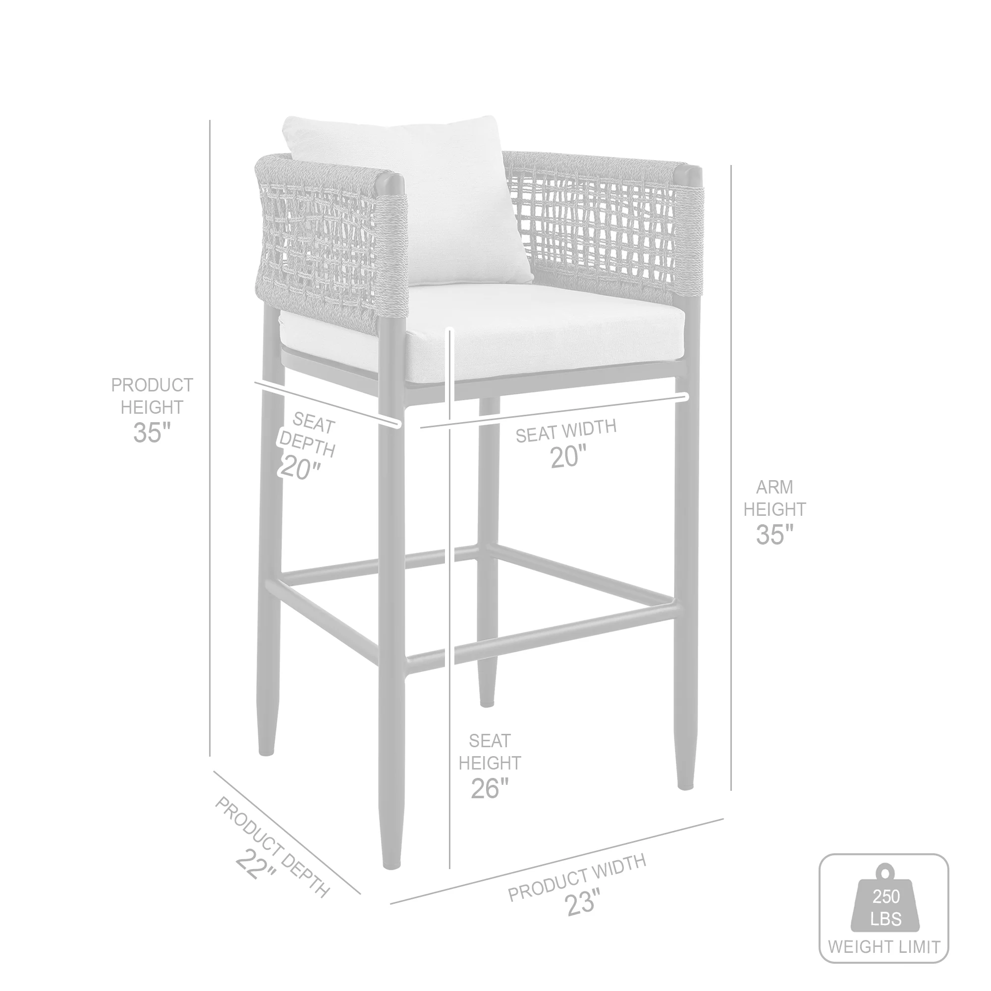 Alegria Outdoor Patio Counter Height Bar Stool in Aluminum with Gray Rope and Cushions By Armen Living - Image 10