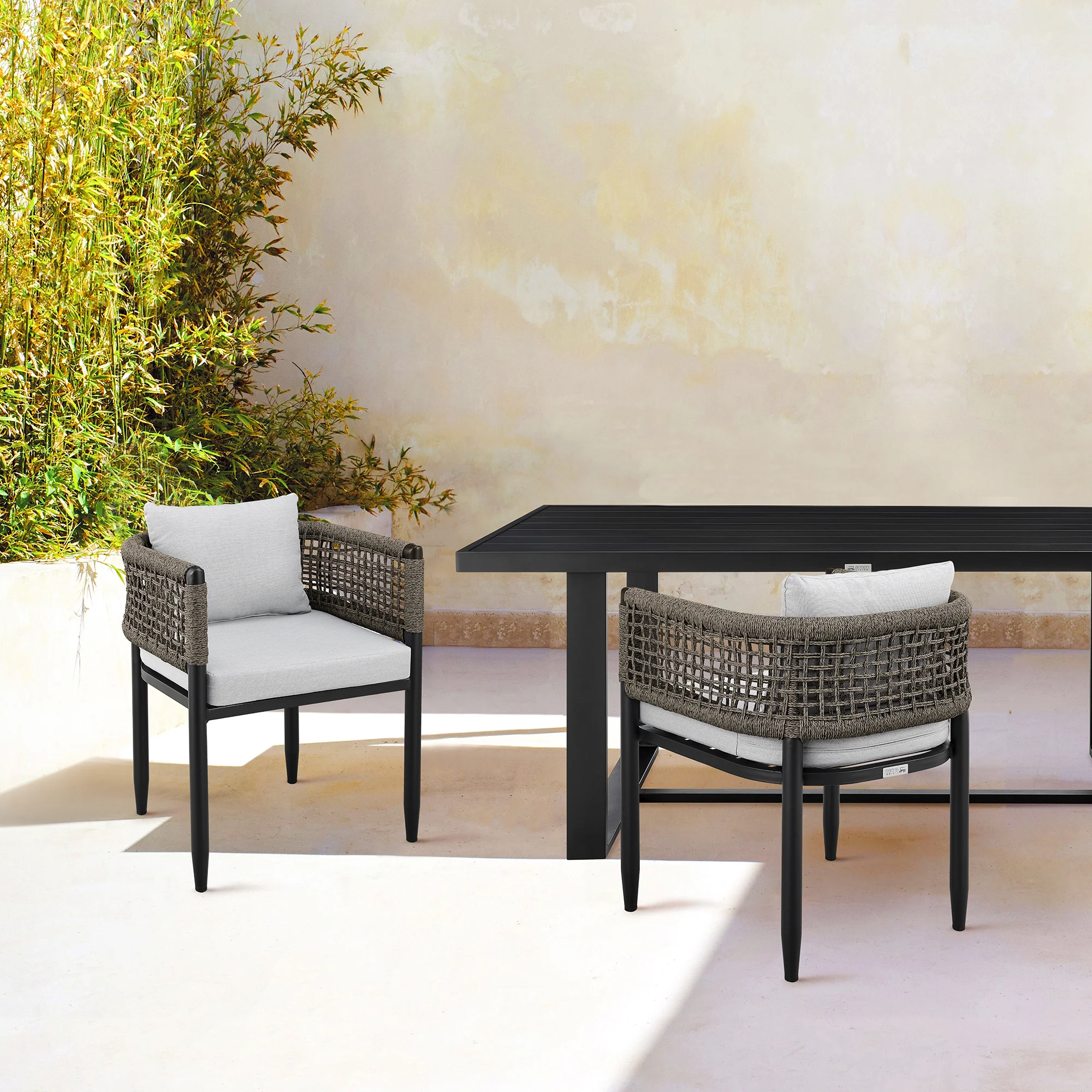 Alegria Outdoor Patio Dining Chair in Aluminum with Gray Rope and Cushions - Set of 2 By Armen Living