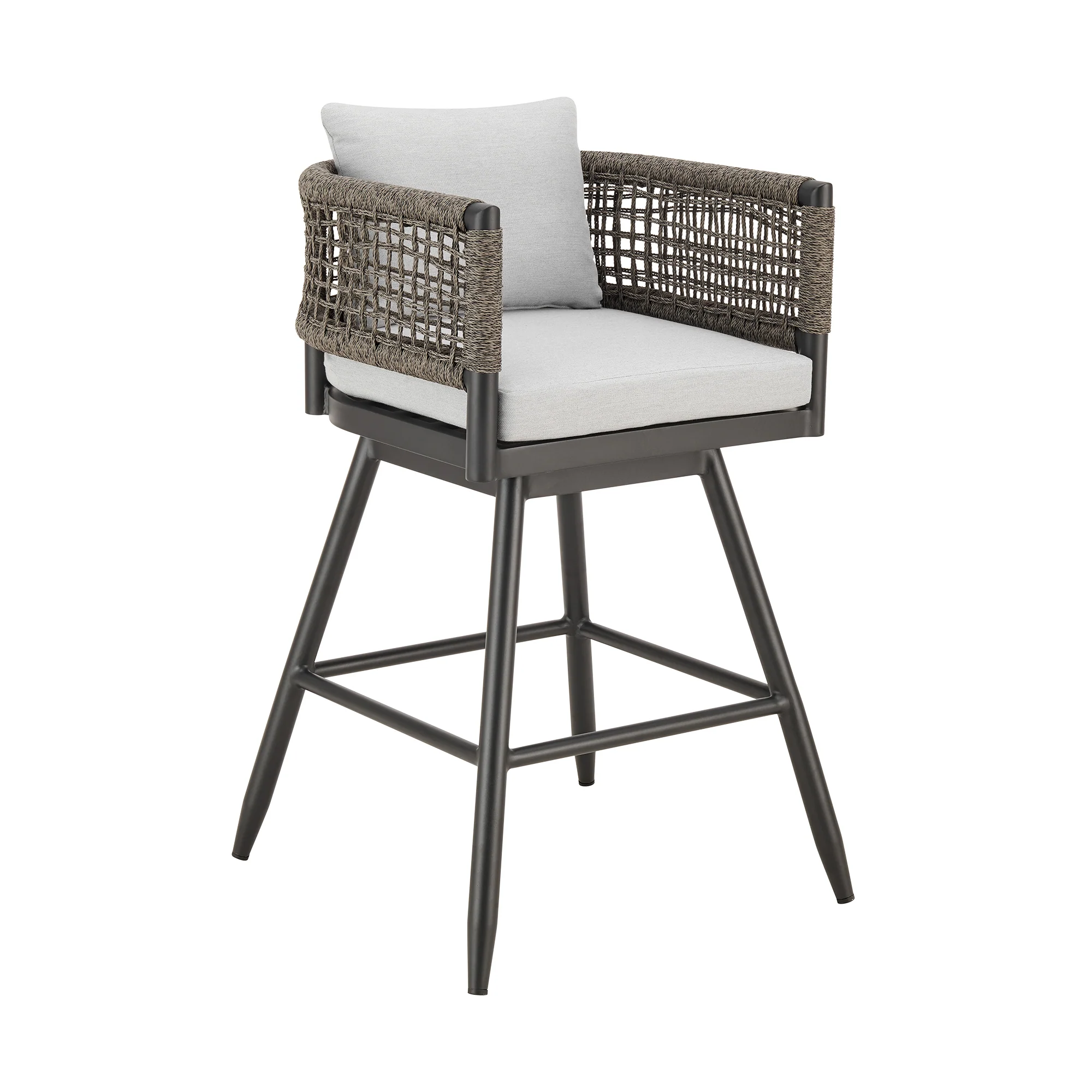 Alegria Outdoor Patio Swivel Counter Stool in Aluminum with Gray Rope and Light Gray Cushions By Armen Living - Image 2