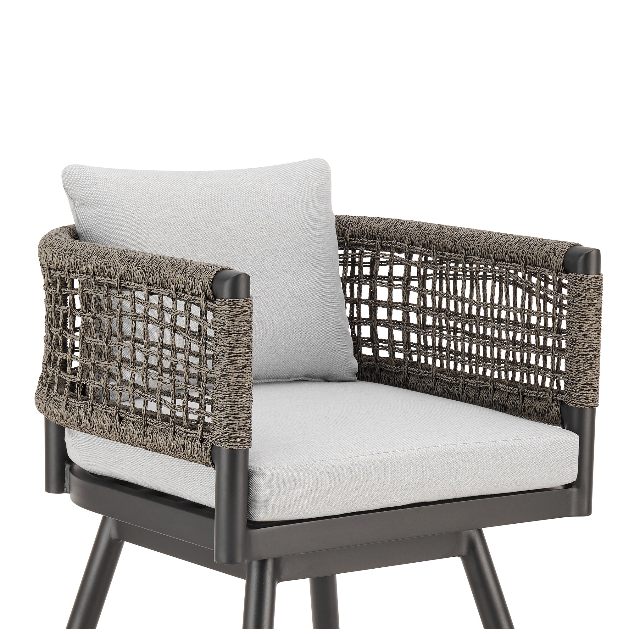 Alegria Outdoor Patio Swivel Counter Stool in Aluminum with Gray Rope and Light Gray Cushions By Armen Living - Image 5
