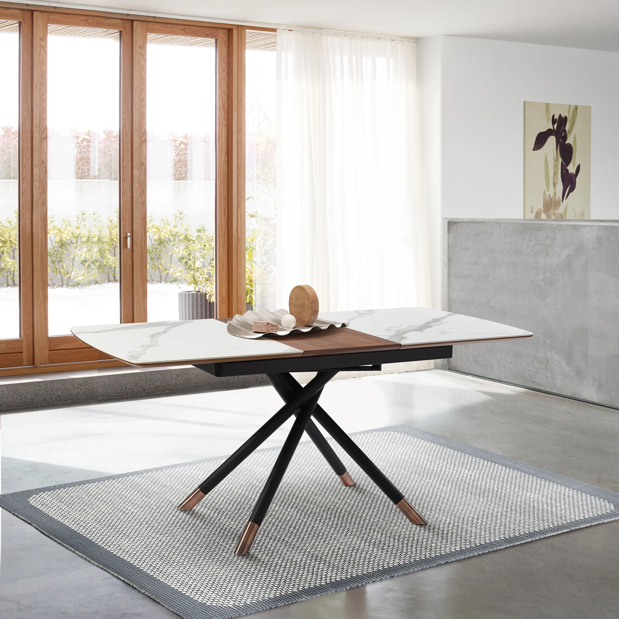 Alora Extendable Dining Table with Light Gray Ceramic and Wood Top and Metal Legs By Armen Living
