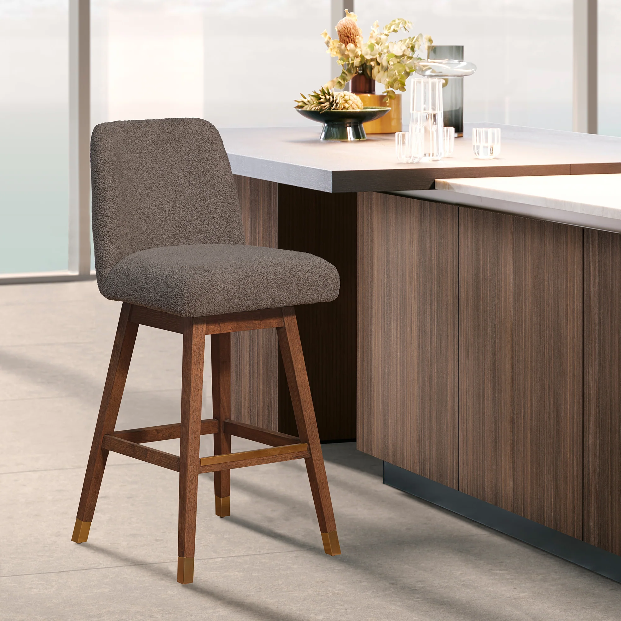 Amalie Swivel Bar Stool in Brown Oak Wood Finish with Taupe Boucle Fabric By Armen Living