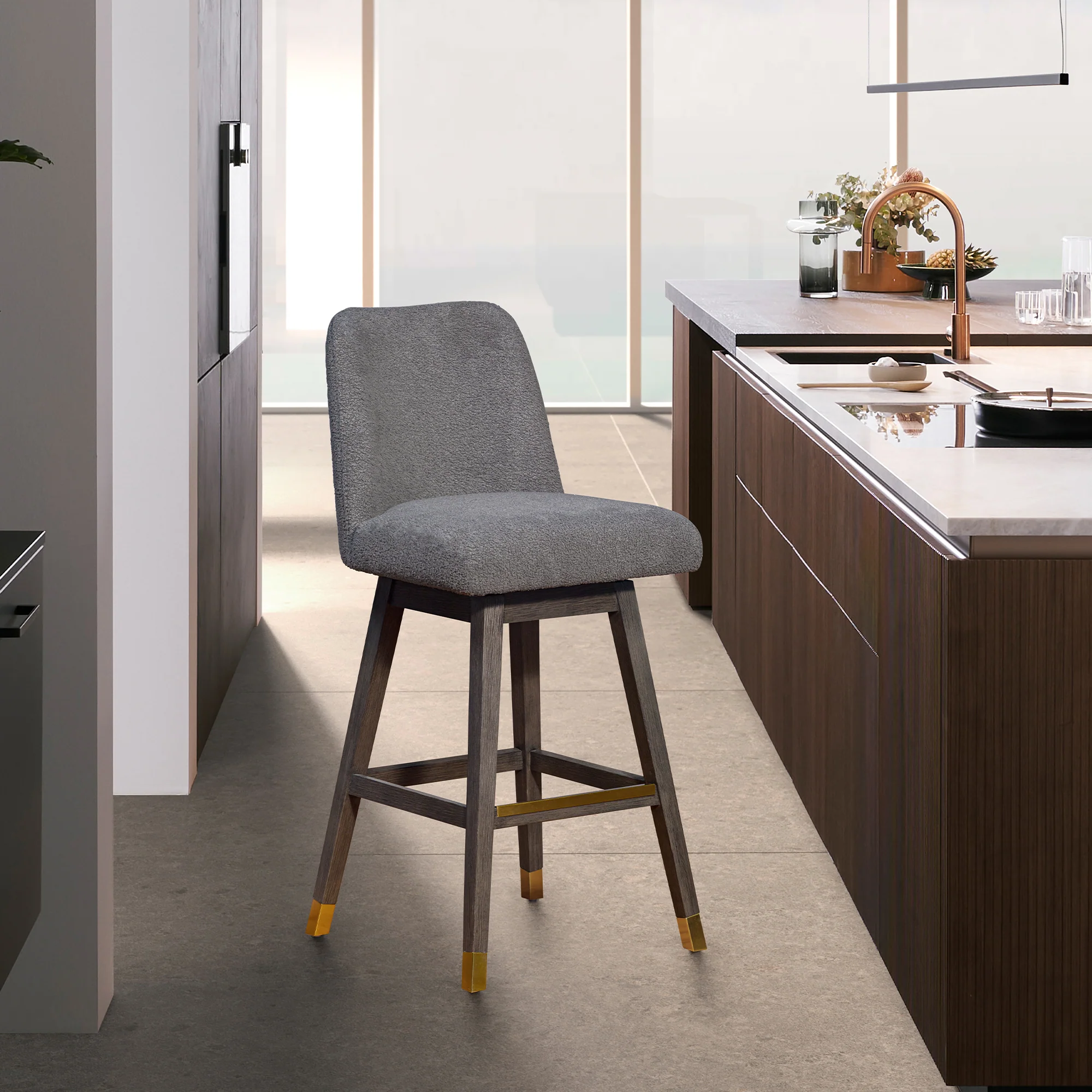 Amalie Swivel Bar Stool in Grey Oak Wood Finish with Grey Boucle Fabric By Armen Living