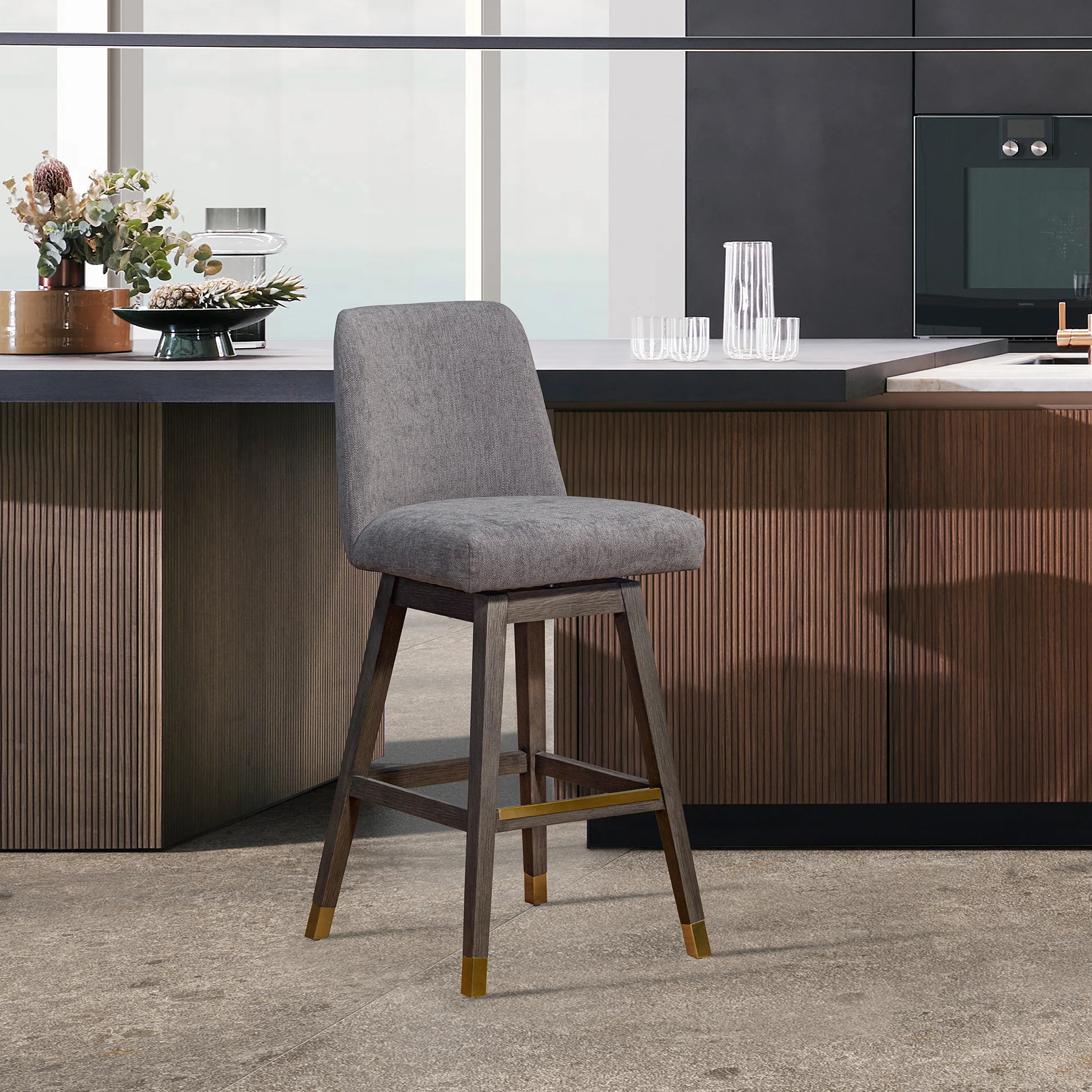 Amalie Swivel Bar Stool in Grey Oak Wood Finish with Mocha Fabric By Armen Living