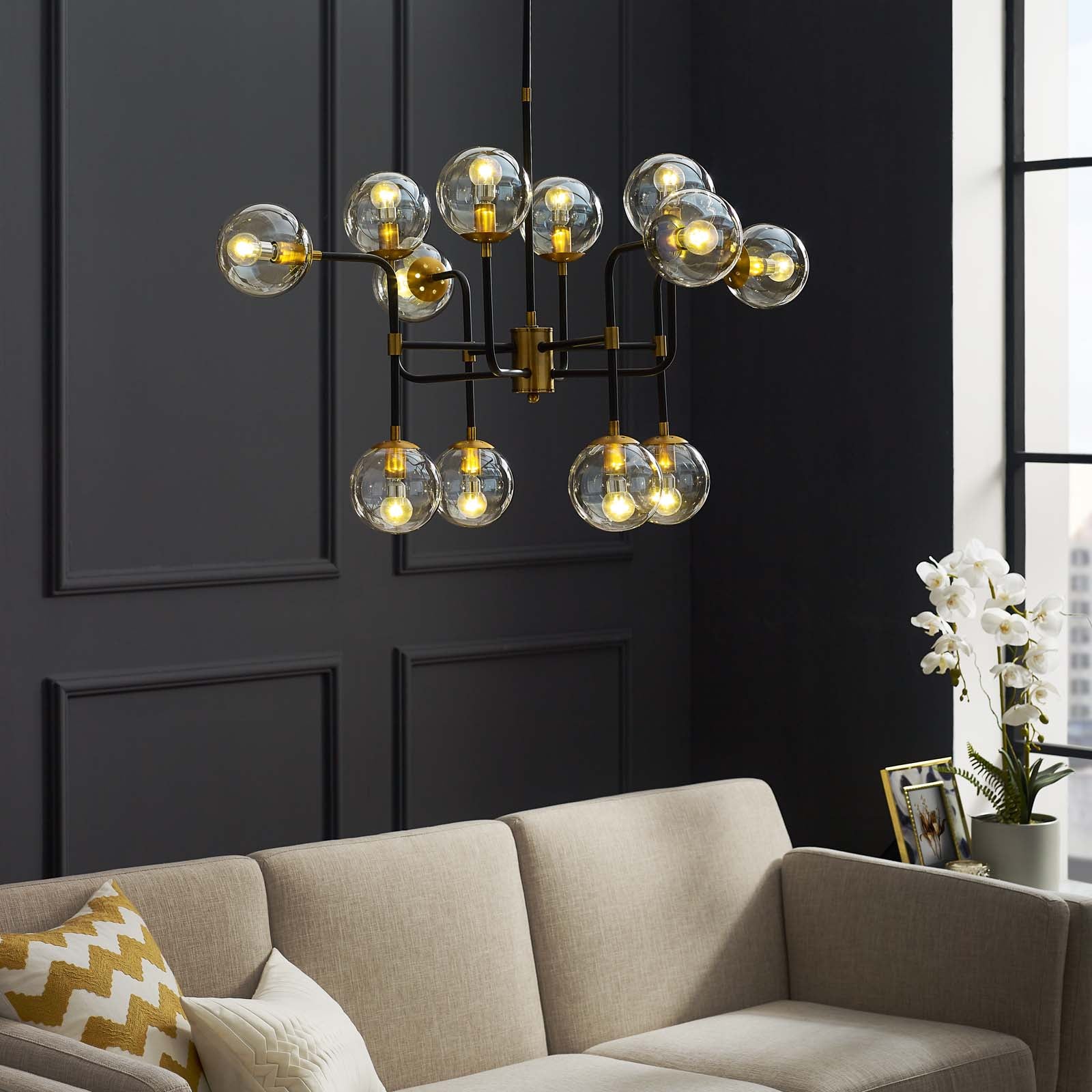 Ambition Amber Glass And Antique Brass 12 Light Pendant Chandelier By Modway - EEI-2884 - Image 5