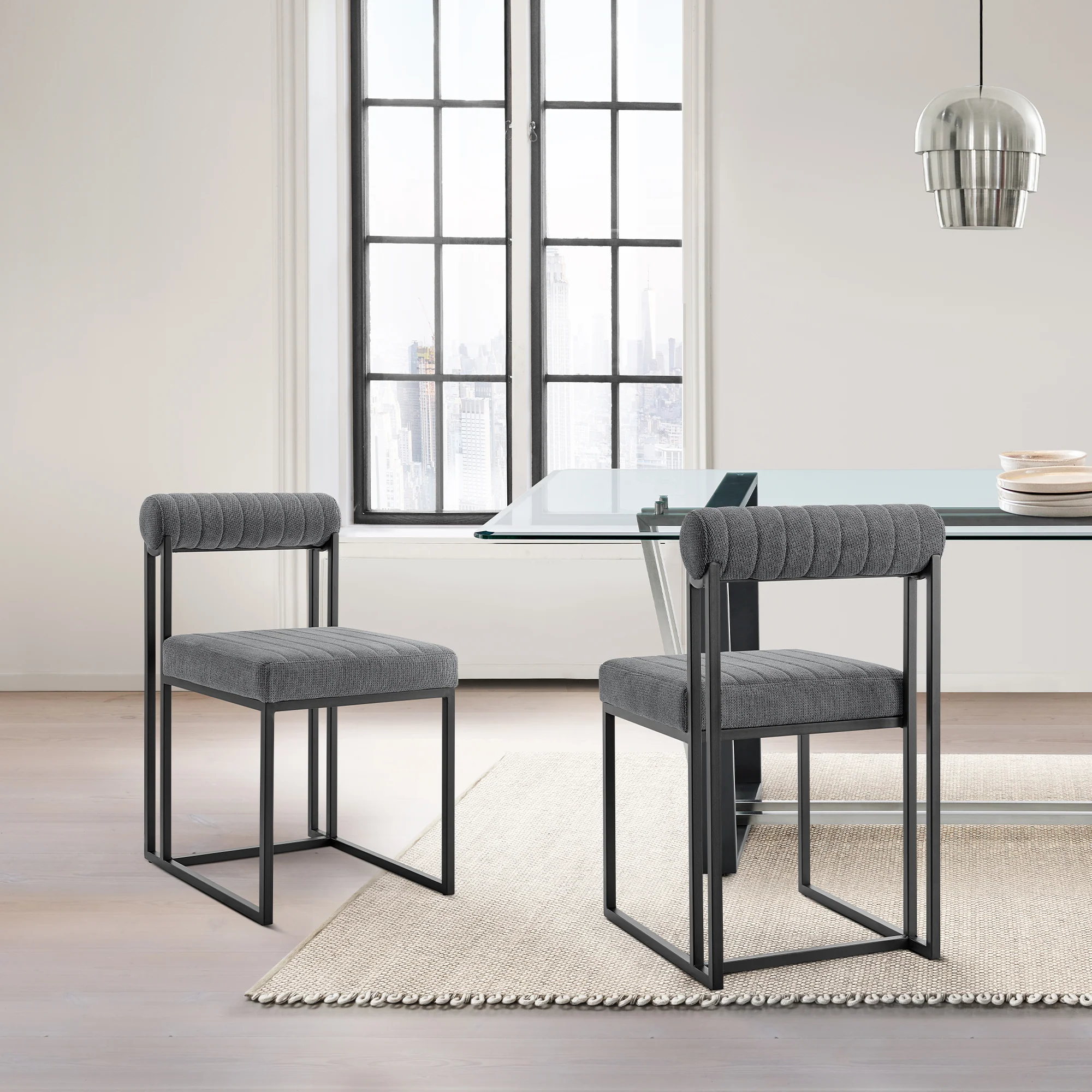 Anastasia Dining Chair with Matte Black Iron and Anchor Gray Fabric - Set of 2 By Armen Living