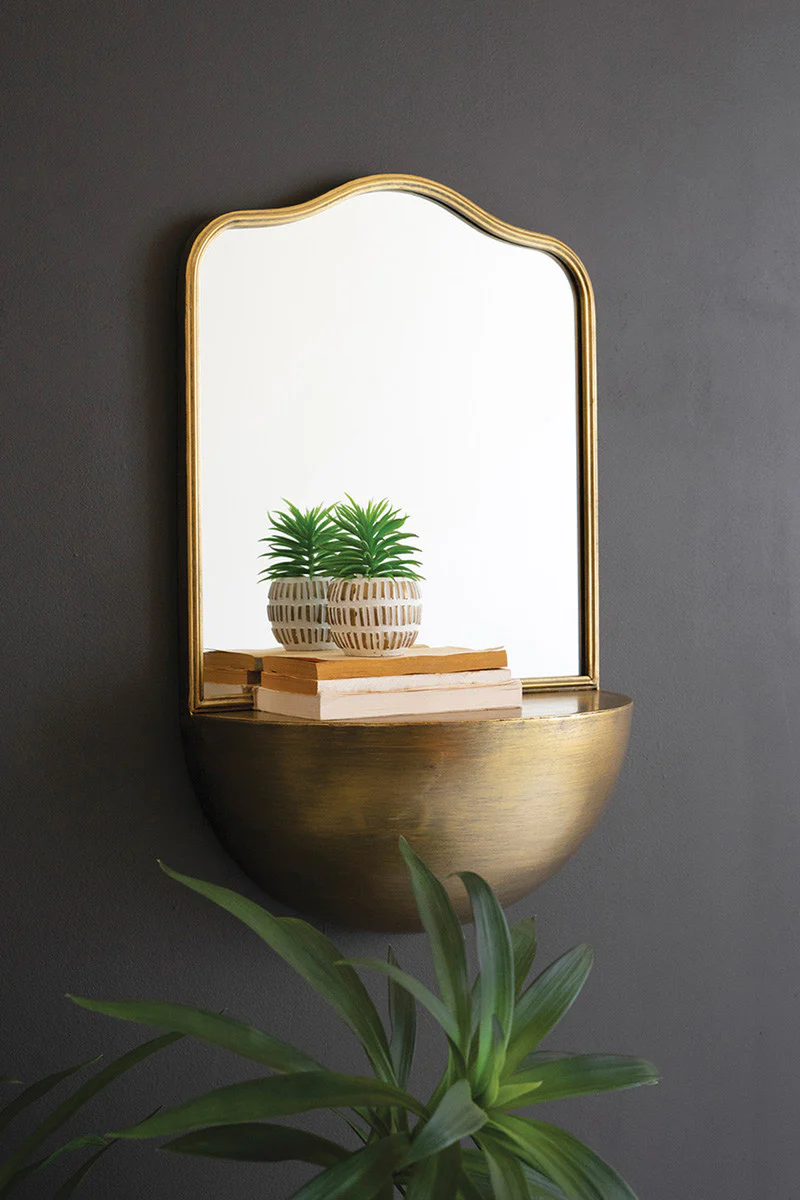 Antique Brass Metal Framed Mirror With Demi-Lune Shelf By Kalalou