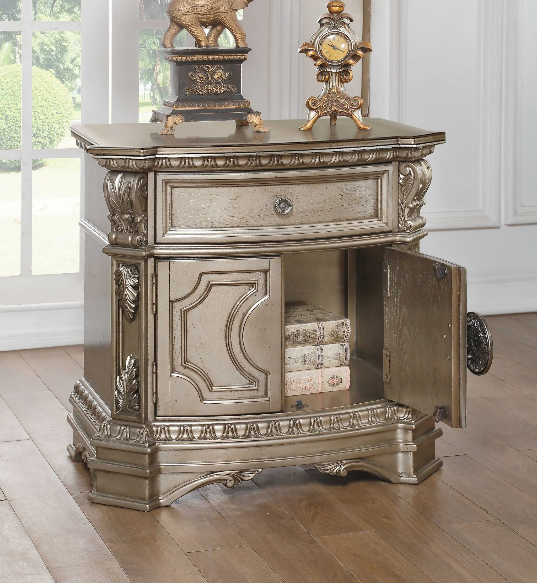 Antique Champagne Wood Poly Resin Nightstand Wwooden Top By Homeroots