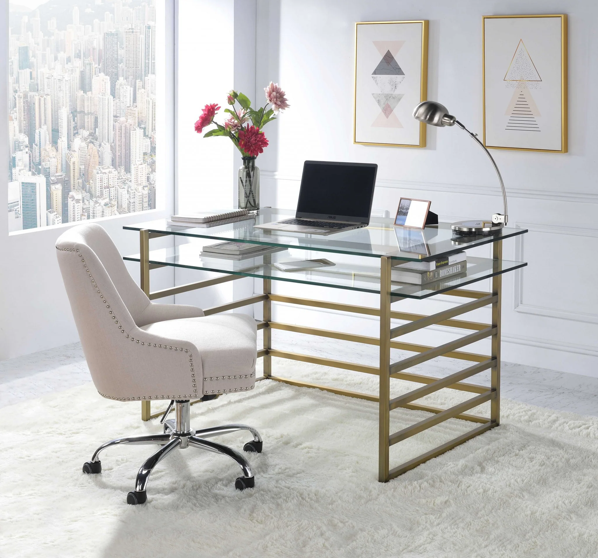 Antique Gold Clear Glass Metal Desk By Homeroots