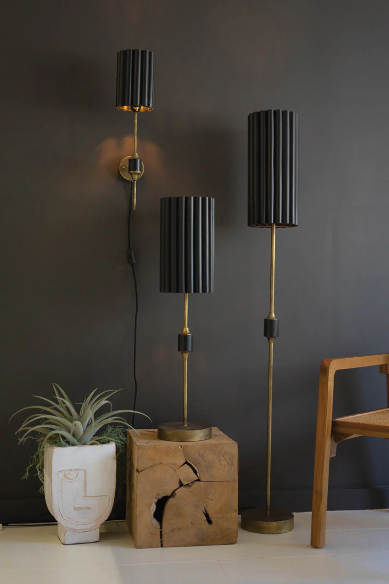 Antique Gold Floor Lamp With Fluted Black Metal Shade By Kalalou - Image 2