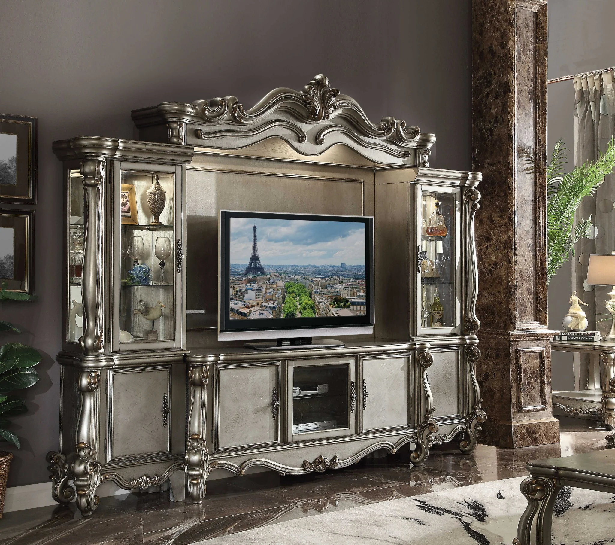 Antique Platinum Wood Poly Resin Glass Entertainment Center By Homeroots - Image 2